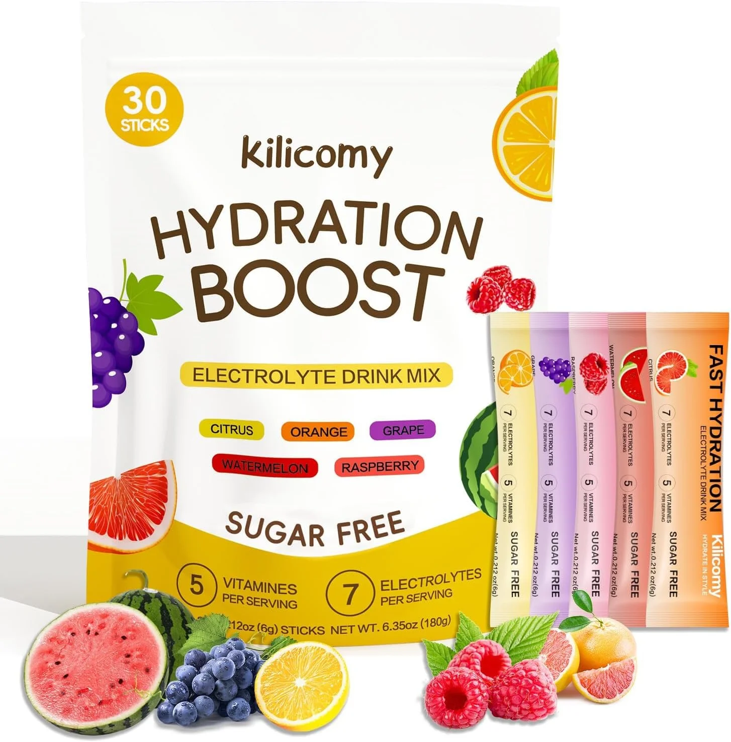 پودر الکترولیت بدون شکر، حاوی 5 ویتامین و 7 الکترولیت برای آبرسانی سریع، مناسب برای کتو، غیر تراریخته، دارای گواهی وگان، 30 عدد