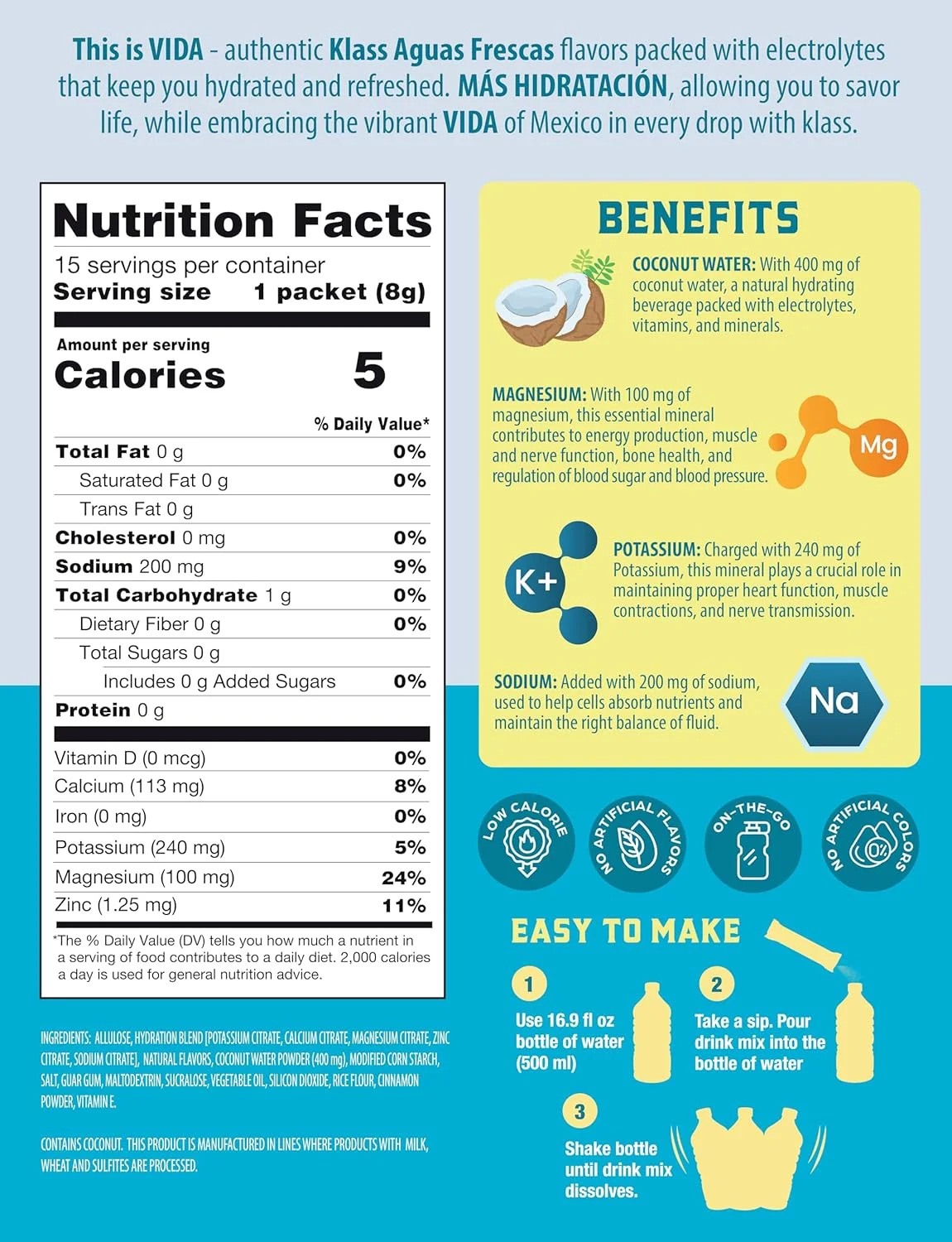 مخلوط نوشیدنی الکترولیتی KLASS VIDA – طعم هورچاتا آگوا فرسکا | پودر آبرسان بدون شکر با آب نارگیل و مواد معدنی | 15 بسته استیک تک نفره در کیسه قابل بازبسته شدن، کم کالری مخلوط نوشیدنی الکترولیتی KLASS VIDA – طعم هورچاتا آگوا فرسکا | پودر آبرسان بدون شکر با آب نارگیل و مواد معدنی | 15 بسته استیک تک نفره در کیسه قابل بازبسته شدن، کم کالری