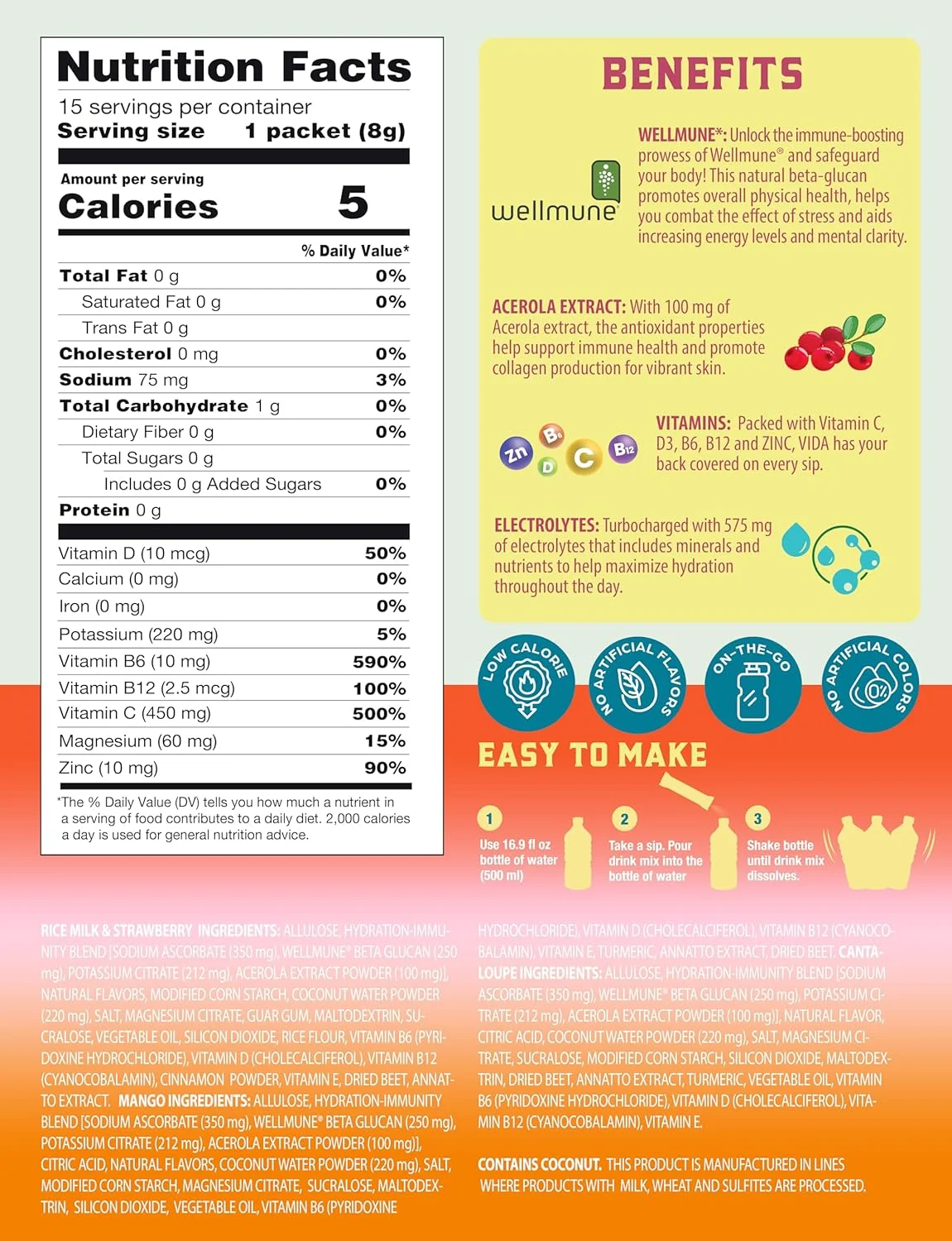 مخلوط نوشیدنی الکترولیتی آبرسان + تقویت کننده سیستم ایمنی - بسته متنوع با طعم های انبه، توت فرنگی هورچاتا و طالبی | بسته های آبرسان بدون شکر با Wellmune®، آسرولا، آب نارگیل و مواد معدنی