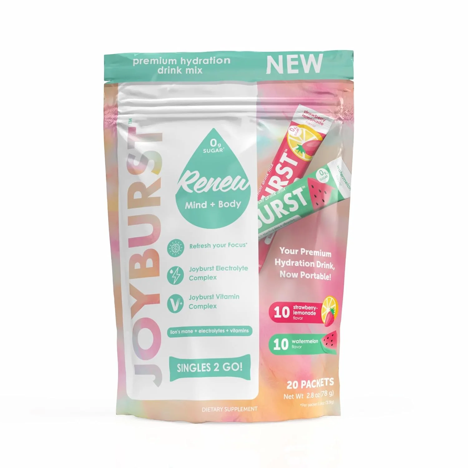 پودر الکترولیت بدون قند جوی برست، مخلوط نوشیدنی فوری برای آبرسانی، بسته متنوع (10 هندوانه، 10 لیموناد توت فرنگی)، آبرسانی در حال حرکت، ارگانیک، طبیعی، مناسب برای کتو