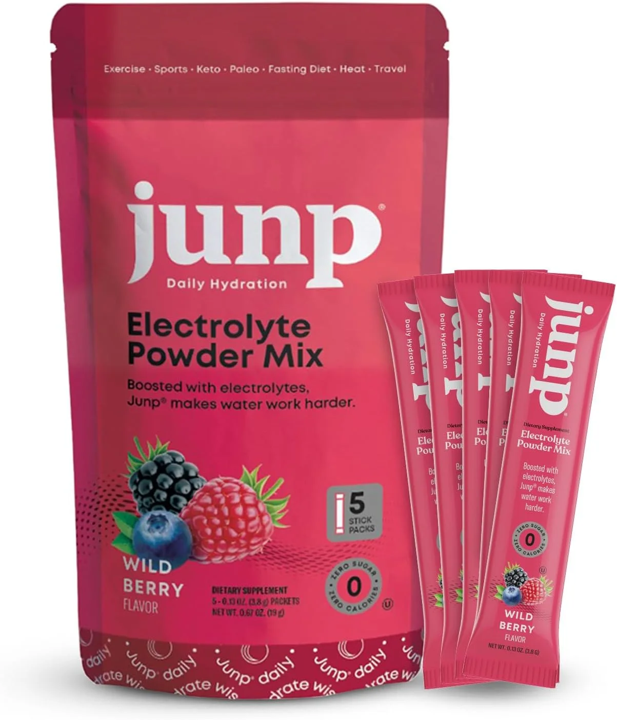 پودر الکترولیت بدون قند JUNP برای آب، بسته های آبرسانی فوری با نمک و پتاسیم، بدون کالری، بدون کربوهیدرات، بدون شکر، مناسب برای کتو، توت وحشی، بسته 5 عددی