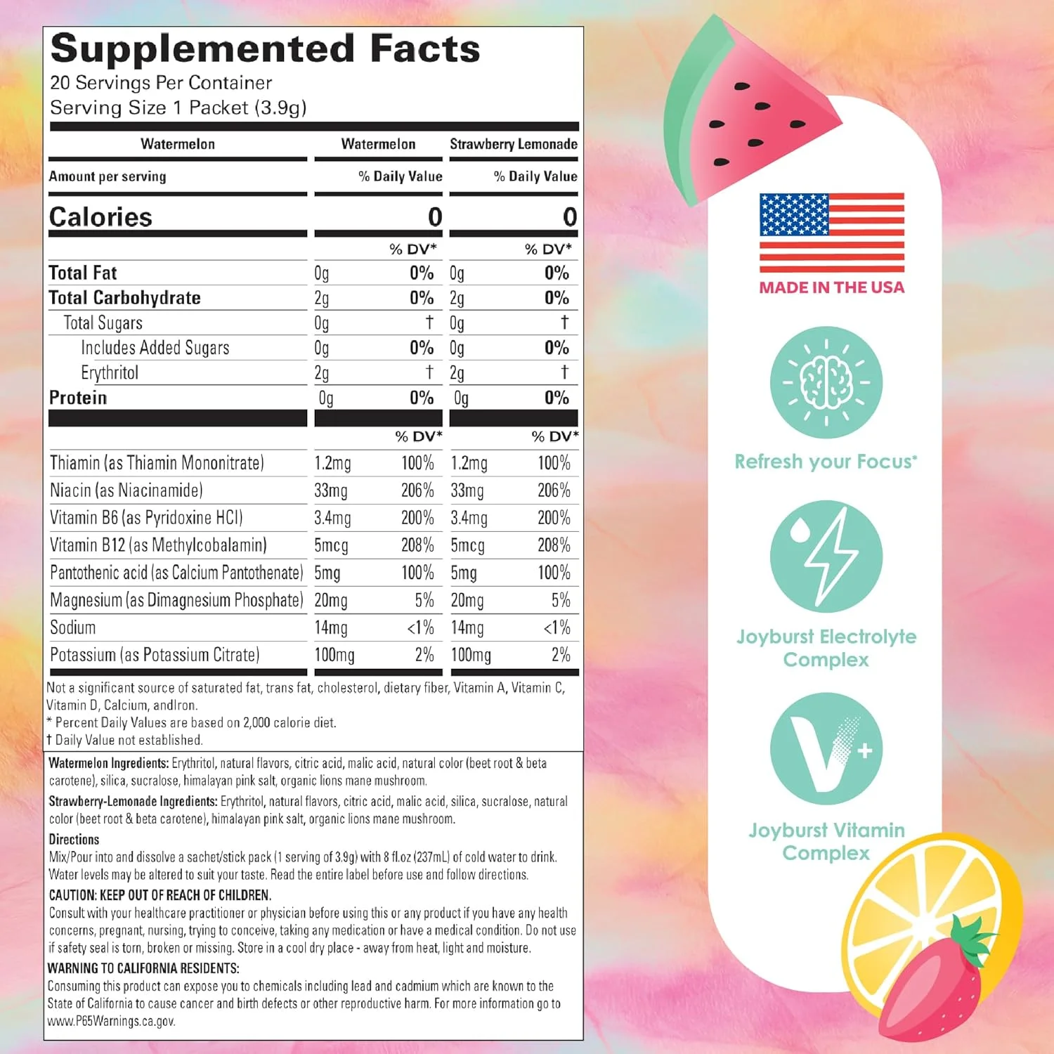 پودر الکترولیت بدون قند جوی برست، مخلوط نوشیدنی فوری برای آبرسانی، بسته متنوع (10 هندوانه، 10 لیموناد توت فرنگی)، آبرسانی در حال حرکت، ارگانیک، طبیعی، مناسب برای کتو