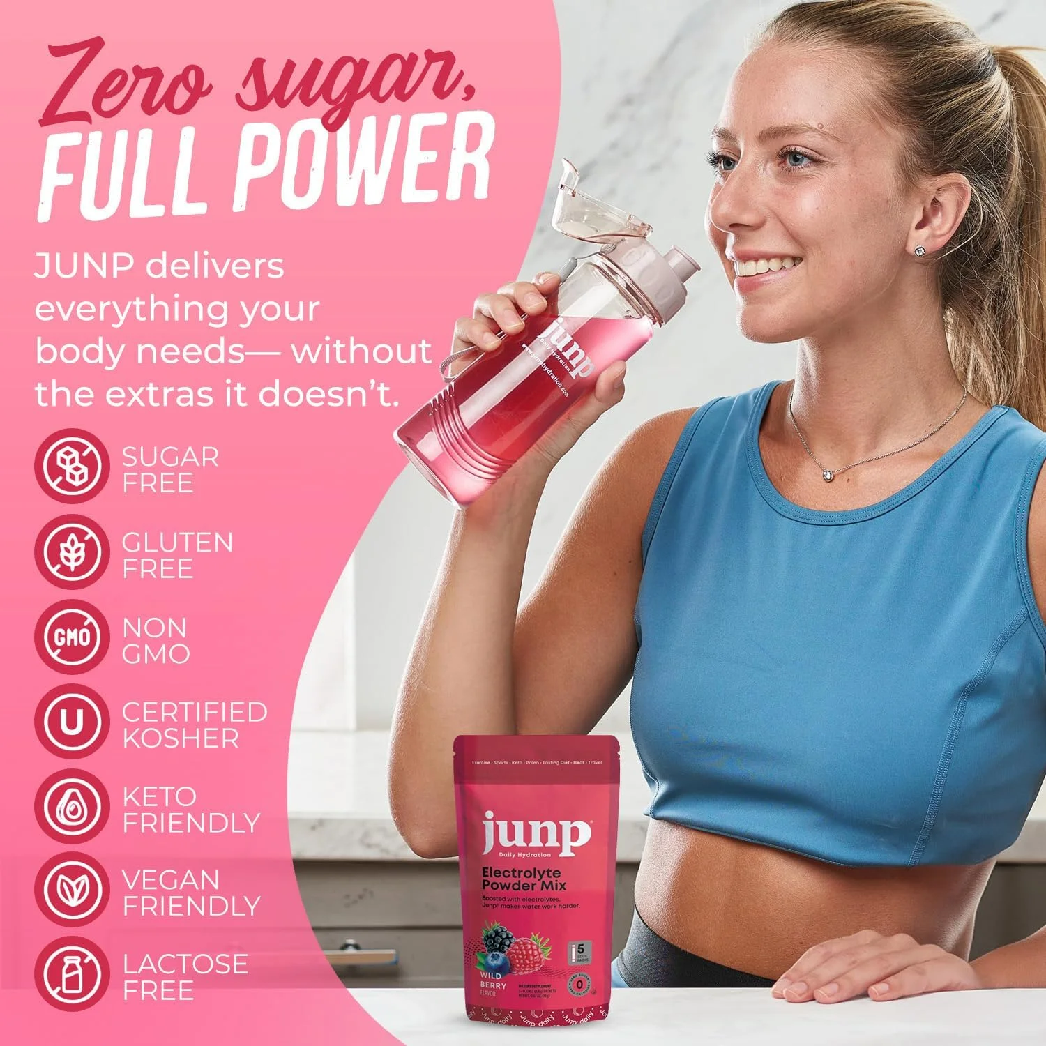 پودر الکترولیت بدون قند JUNP برای آب، بسته های آبرسانی فوری با نمک و پتاسیم، بدون کالری، بدون کربوهیدرات، بدون شکر، مناسب برای کتو، توت وحشی، بسته 5 عددی