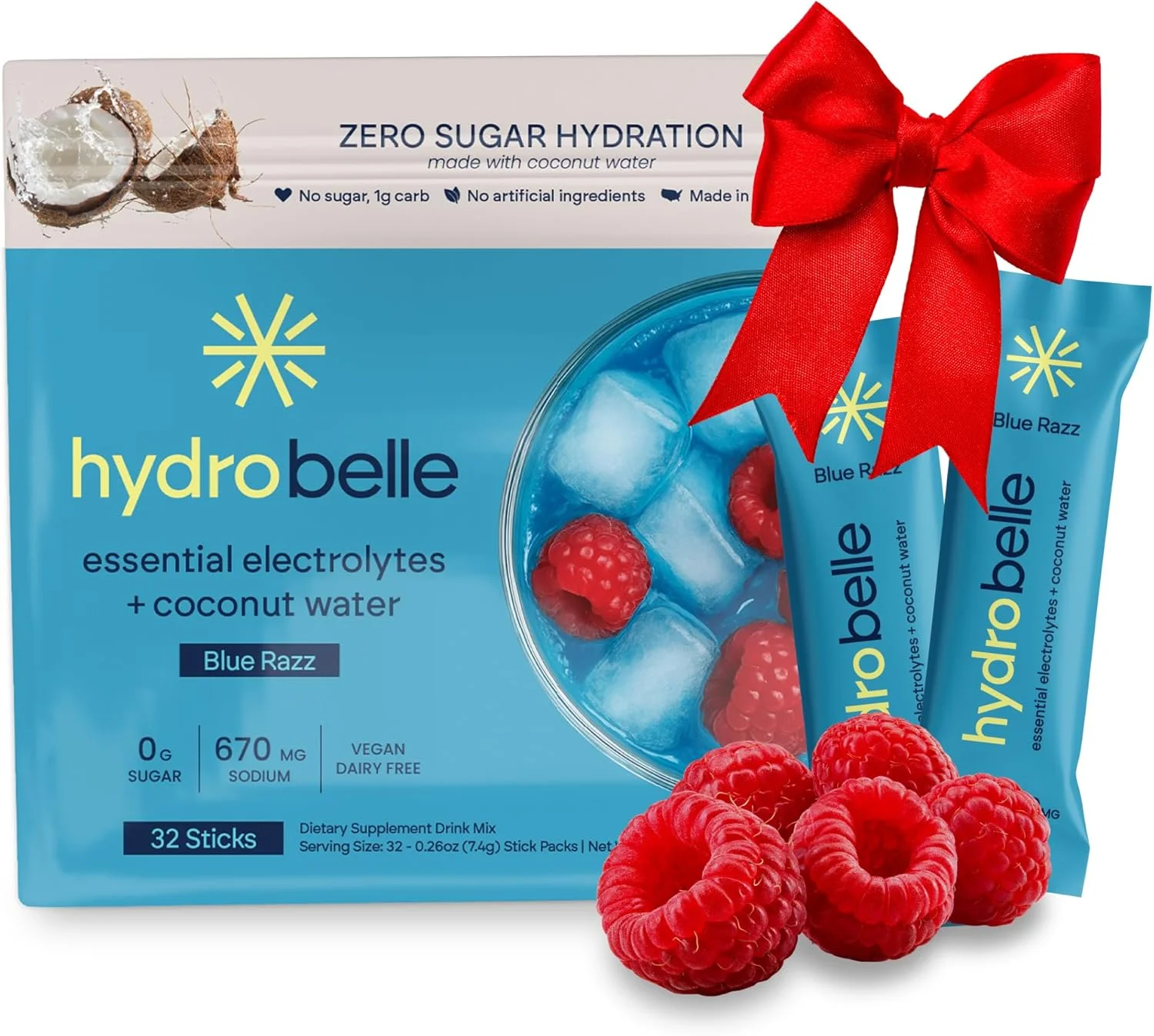 پودر مخلوط نوشیدنی الکترولیت هیدرو بل، تمشک آبی، بسته های آبرسانی بدون شکر ساخته شده با آب نارگیل و الکترولیت ها، وگان، کتو و بدون لبنیات، مناسب برای مسافرت، 32 عدد