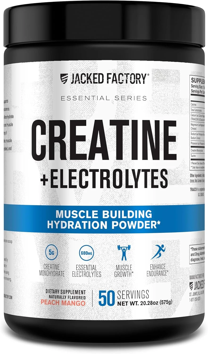 کراتین + الکترولیت جکد فکتوری - کراتین مونوهیدرات با تورین، کلسیم، سدیم و پتاسیم برای افزایش رشد عضلات، قدرت، هیدراتاسیون و استقامت - 50 سروینگ، هلو انبه
