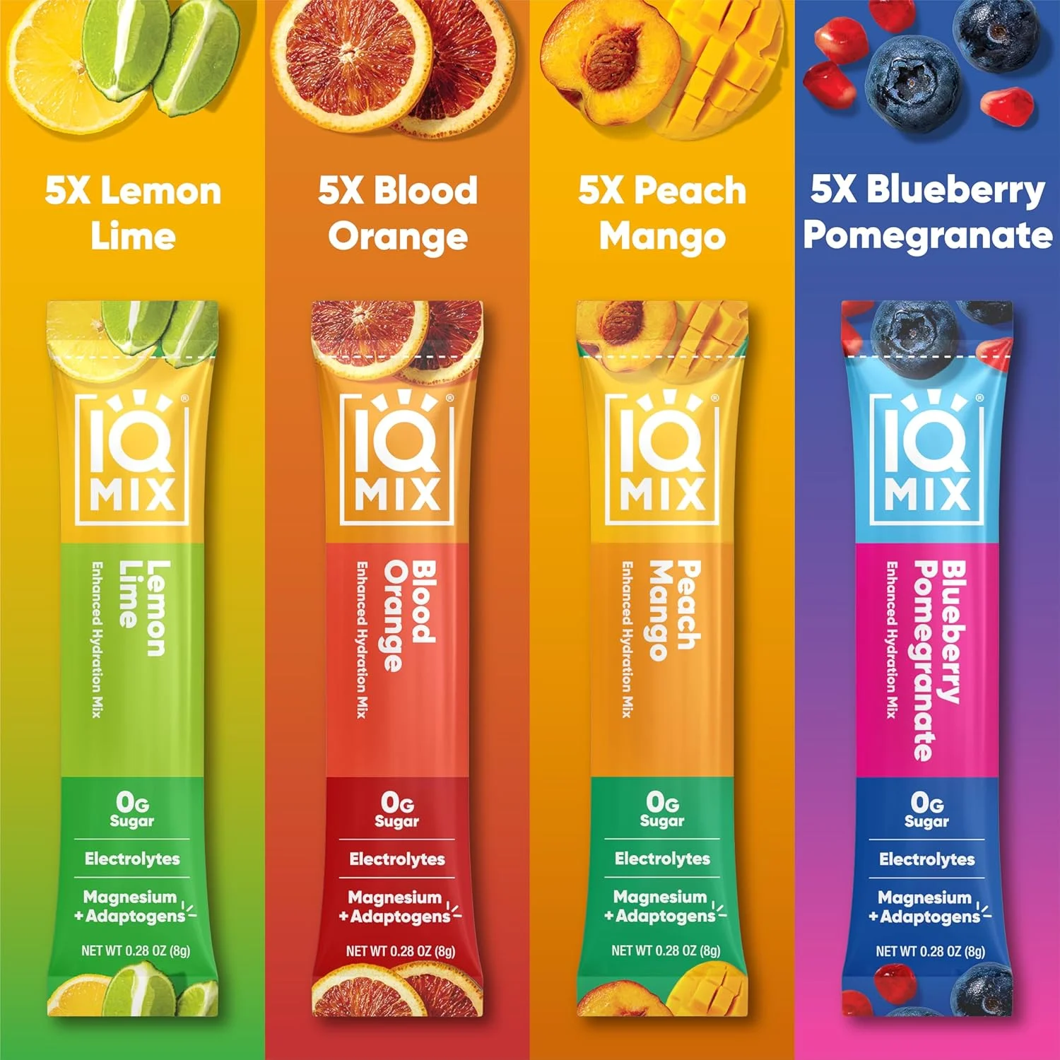 پودر الکترولیت آبرسان IQMIX - فرمول 4 در 1 برای آبرسانی، وضوح ذهنی، خلق و خو و ریکاوری - مخلوط نوشیدنی بدون شکر، کتو، منیزیم ال-ترئونات، یال شیر - بسته 20 عددی متنوع