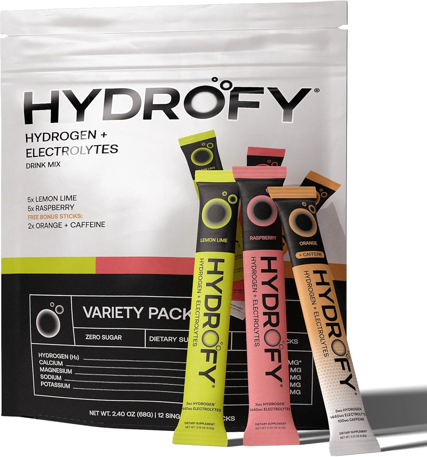 مخلوط نوشیدنی آب هیدروژنه + الکترولیت ها - بسته متنوع | بسته های آبرسانی H2 با هیدروژن مولکولی، سدیم، پتاسیم، منیزیم | لیمو ترش، تمشک، پرتقال + کافئین | 12 عدد