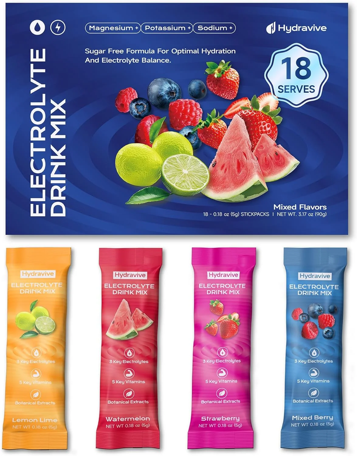پودر الکترولیت بدون قند Hydravive، نوشیدنی روزانه برای آبرسانی سریع | حاوی 5 ویتامین، 4 الکترولیت، آشواگاندا، ال-تیانین، قارچ یال شیر | غیر تراریخته (18 سروینگ)