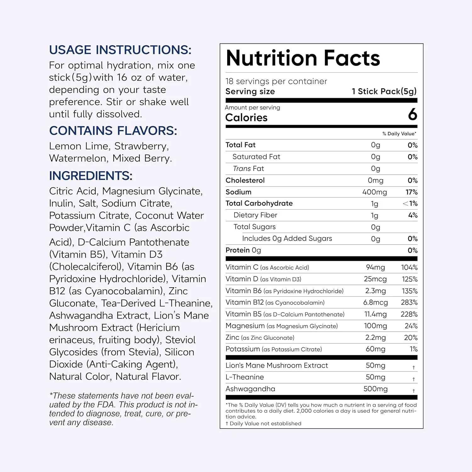 پودر الکترولیت بدون قند Hydravive، نوشیدنی روزانه برای آبرسانی سریع | حاوی 5 ویتامین، 4 الکترولیت، آشواگاندا، ال-تیانین، قارچ یال شیر | غیر تراریخته (18 سروینگ)