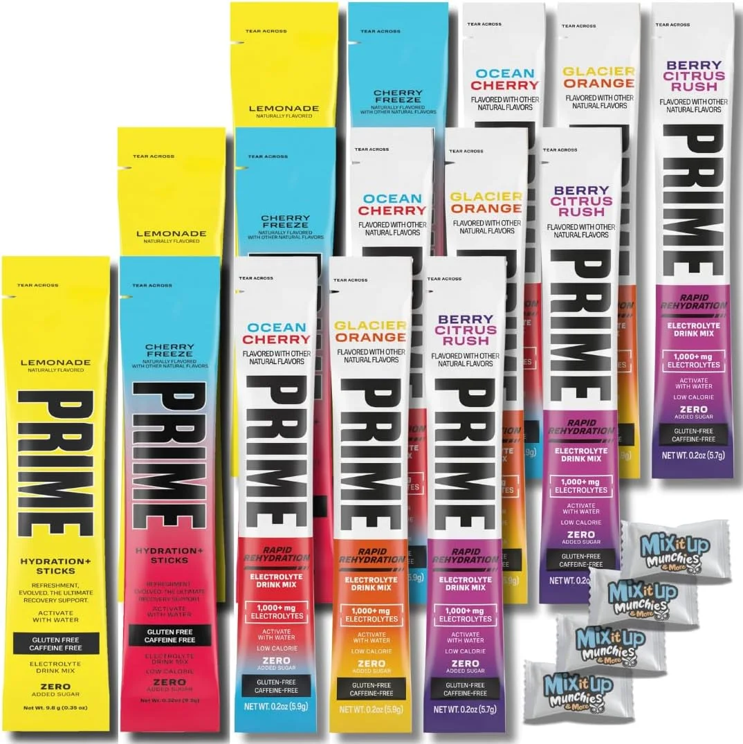 پک متنوع پودر الکترولیت و آبرسان سریع Prime به همراه 4 عدد نعناع MIMM | بسته بندی شده توسط Mix It Up Munchies | جعبه هدیه سالم