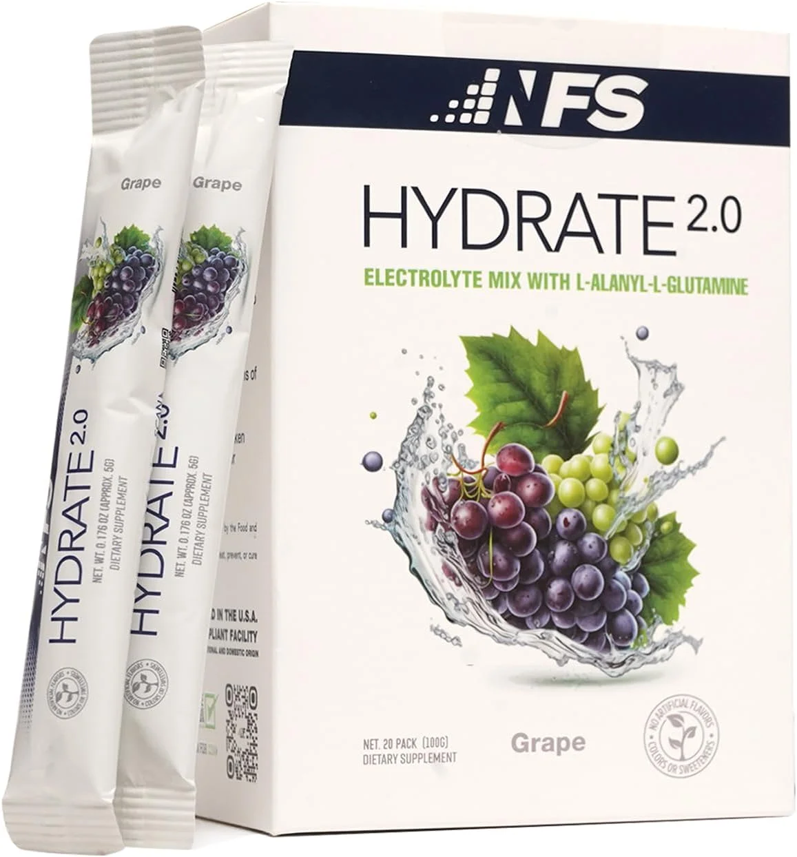 پودر الکترولیت آبرسان Hydrate 2.0 – فرمول پیشرفته آبرسانی و ریکاوری با ال-آلانيل-ال-گلوتامین | آبرسانی سریعتر و ریکاوری عملکرد | 20 بسته (انگور)