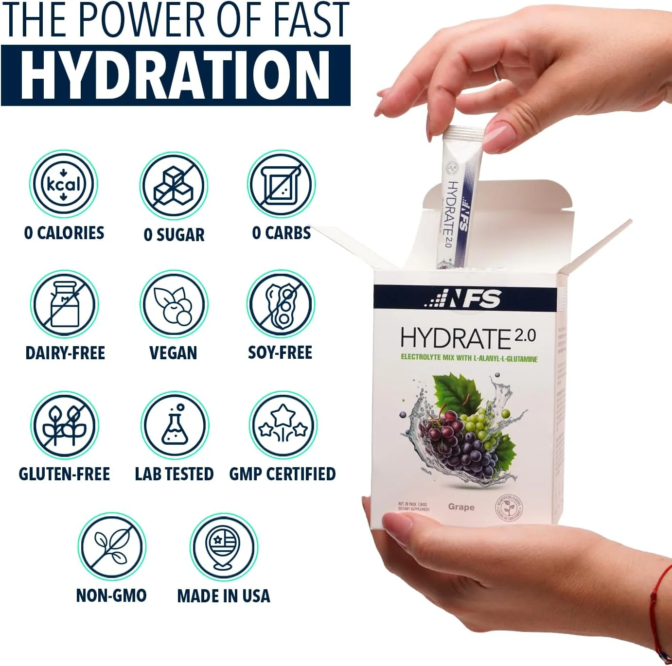 پودر الکترولیت آبرسان Hydrate 2.0 – فرمول پیشرفته آبرسانی و ریکاوری با ال-آلانيل-ال-گلوتامین | آبرسانی سریعتر و ریکاوری عملکرد | 20 بسته (انگور)