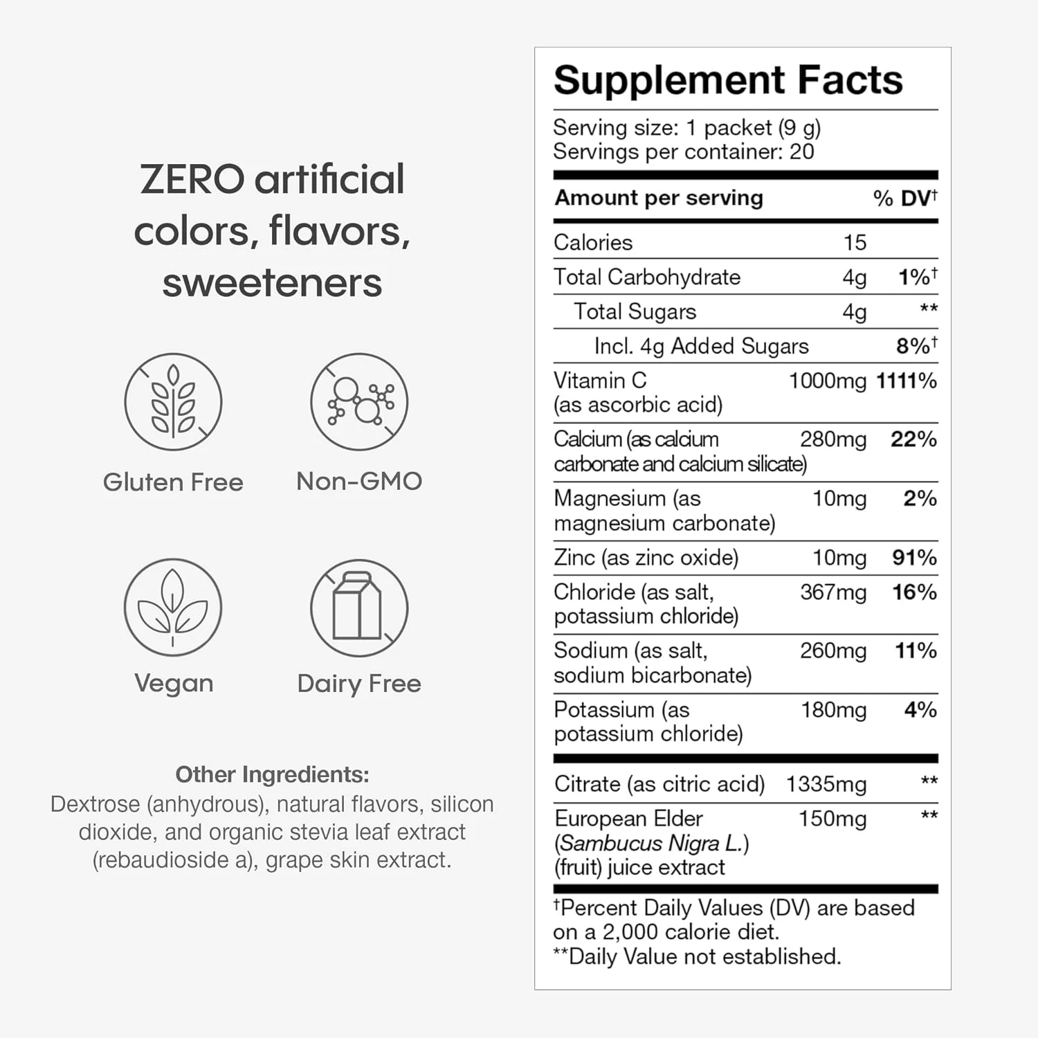 پودر آبرسان سریع هیدرالایت الکترولیت پلاس ایمنی، الدربری - کم شکر - بسته های پودر الکترولیت گازدار ملایم با 1000 میلی گرم ویتامین C و 300 میلی گرم الدربری (سرو 8oz، 20 عدد)