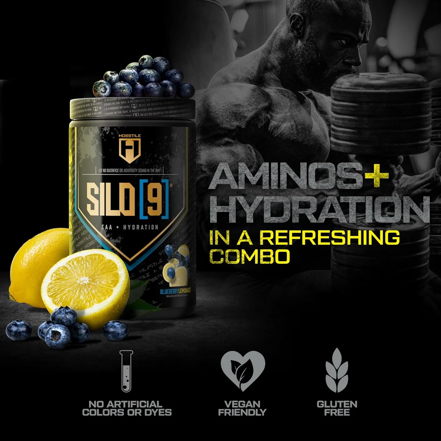 پودر آمینو اسیدهای ضروری HOSSTILE SILO[9]، EAA و BCAA، پشتیبانی از هیدراتاسیون الکترولیت، افزایش رشد و ریکاوری عضلات، نوشیدنی قبل یا بعد از تمرین، بلوبری لیموناد، 30 سروینگ