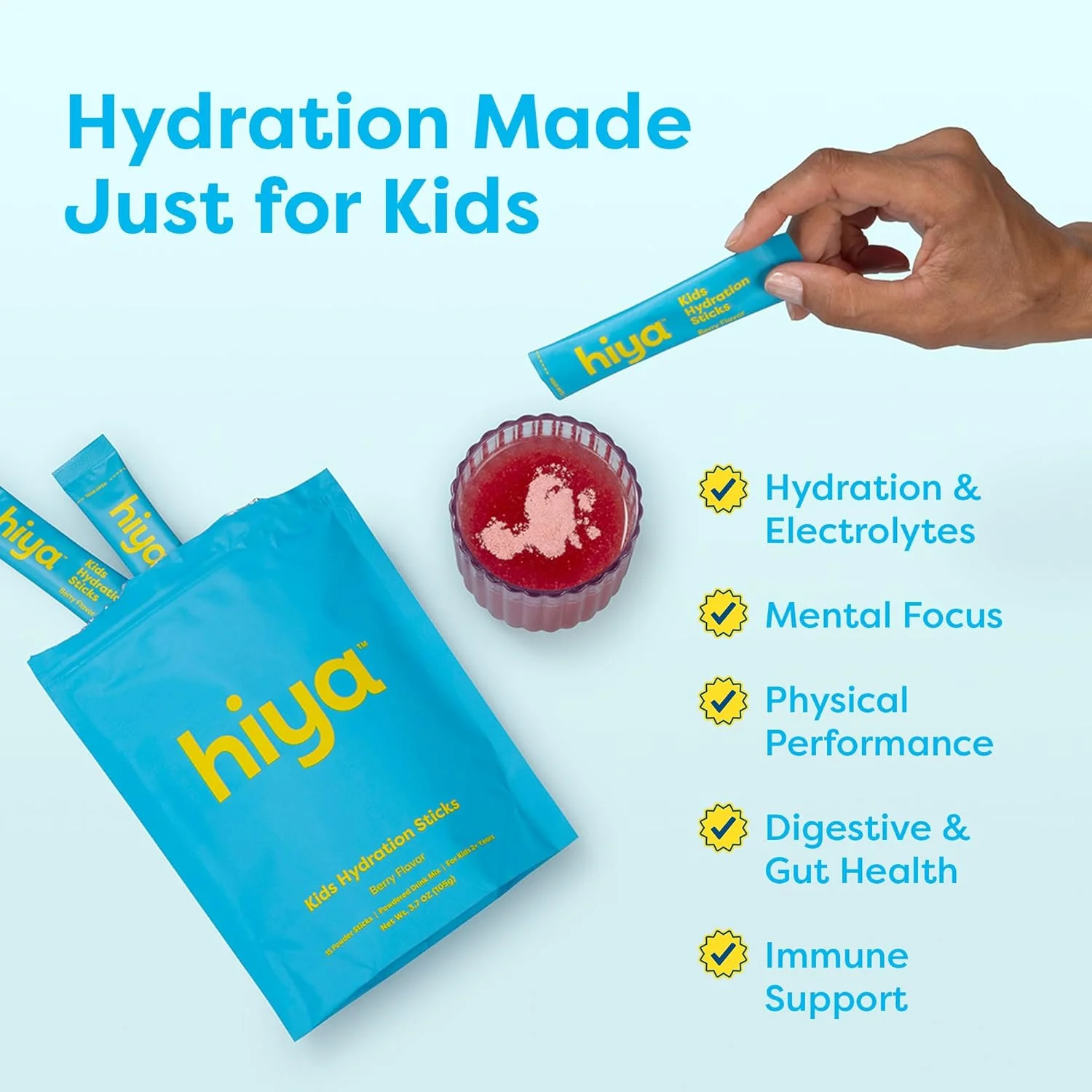 پودر هیدراتاسیون کودکانه Hiya با الکترولیت - بدون شکر افزوده با طعم توت - 15 عدد - مخلوط نوشیدنی مناسب سفر برای کودکان 2 سال به بالا