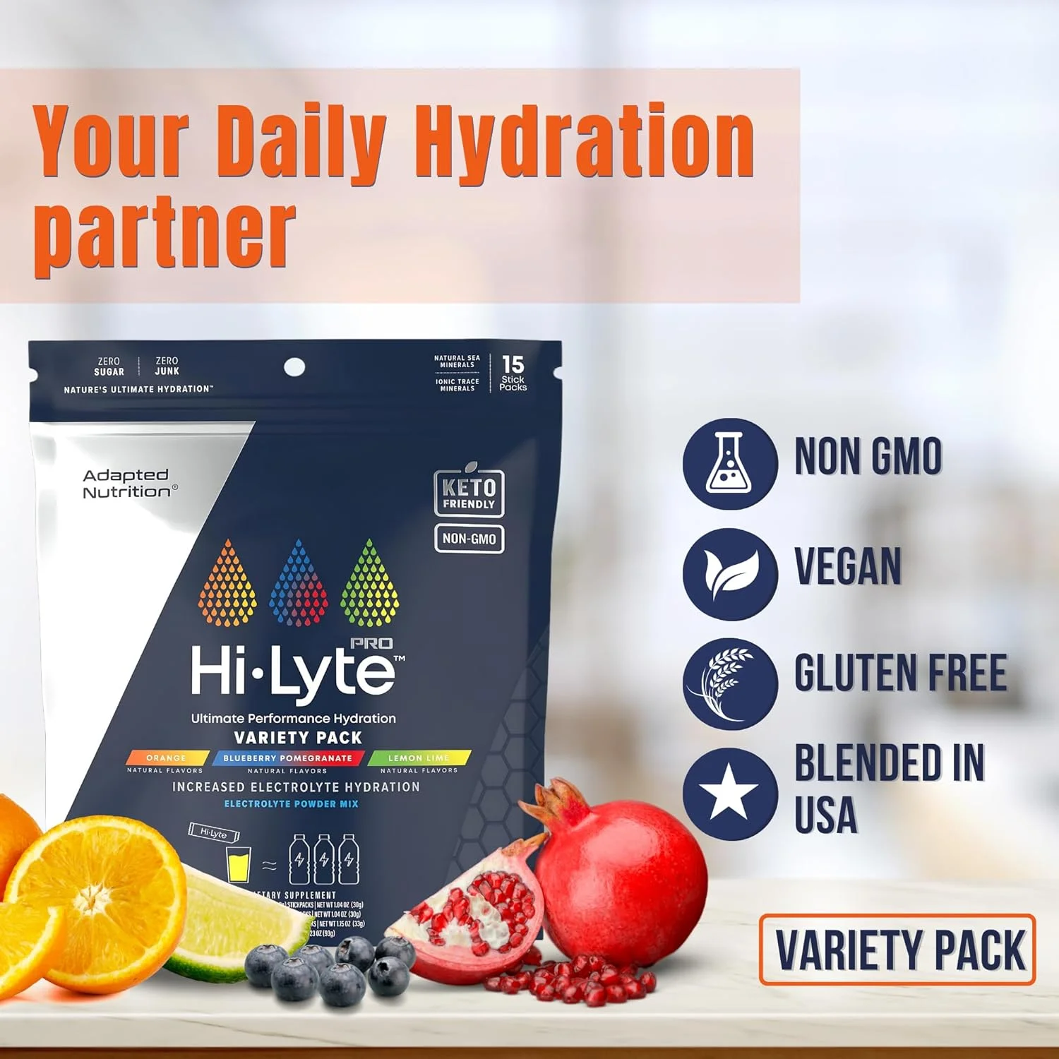 پودر نوشیدنی الکترولیتی Hi-Lyte Pro Adapted Nutrition - بسته 15 عددی تک نفره | بسته متنوع | پودر الکترولیت طعم دار | بدون شکر، بدون کربوهیدرات، بدون کالری