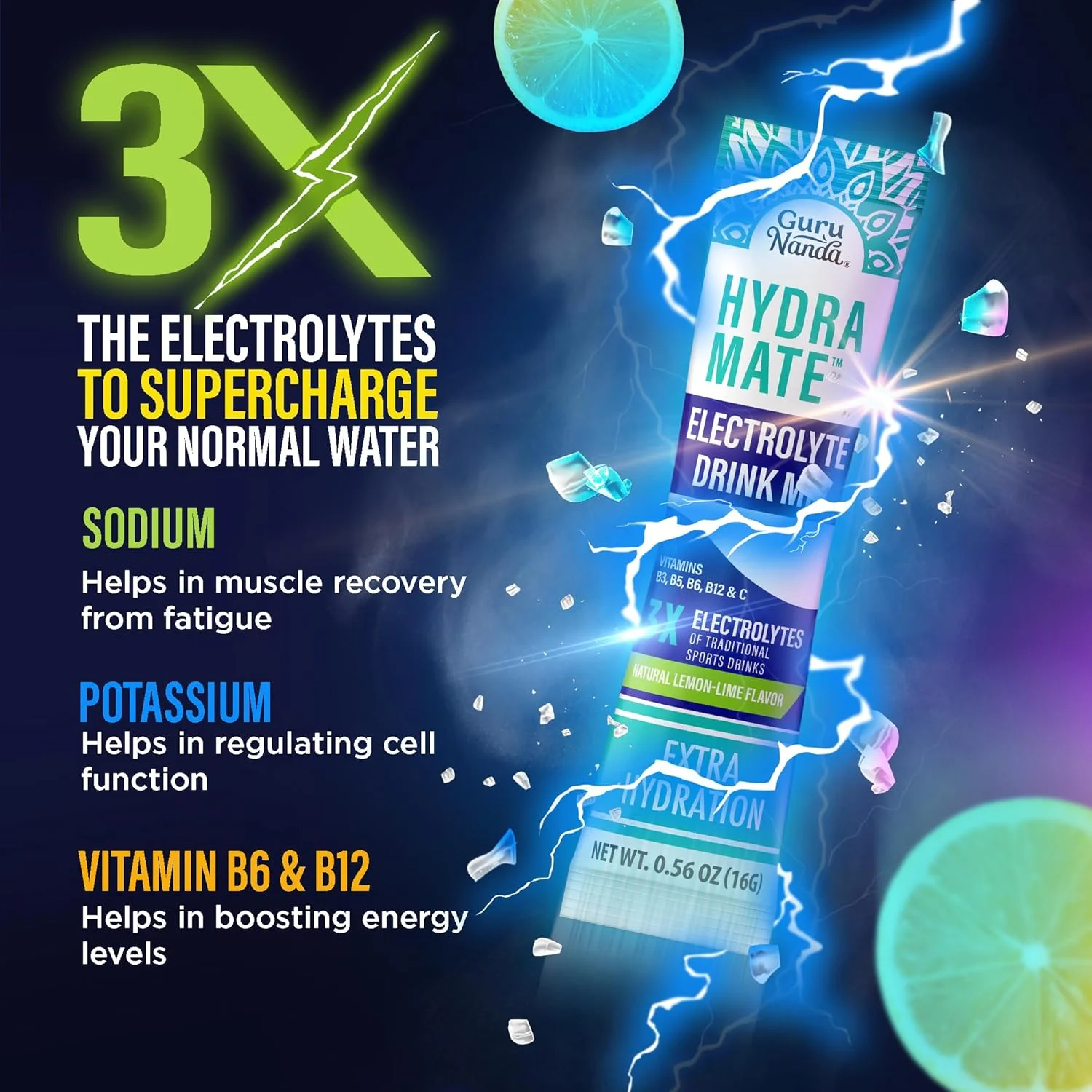 مخلوط نوشیدنی پشتیبانی از هیدراتاسیون GuruNanda Hydramate - بسته های پودر الکترولیت برای کم آبی، ورزش و انرژی - بدون شیرین کننده های افزوده، غیر GMO، طعم طبیعی لیمو ترش - 24 عدد (هر کدام 0.56 اونس) مخلوط نوشیدنی پشتیبانی از هیدراتاسیون GuruNanda Hydramate - بسته های پودر الکترولیت برای کم آبی، ورزش و انرژی - بدون شیرین کننده های افزوده، غیر GMO، طعم طبیعی لیمو ترش - 24 عدد (هر کدام 0.56 اونس)