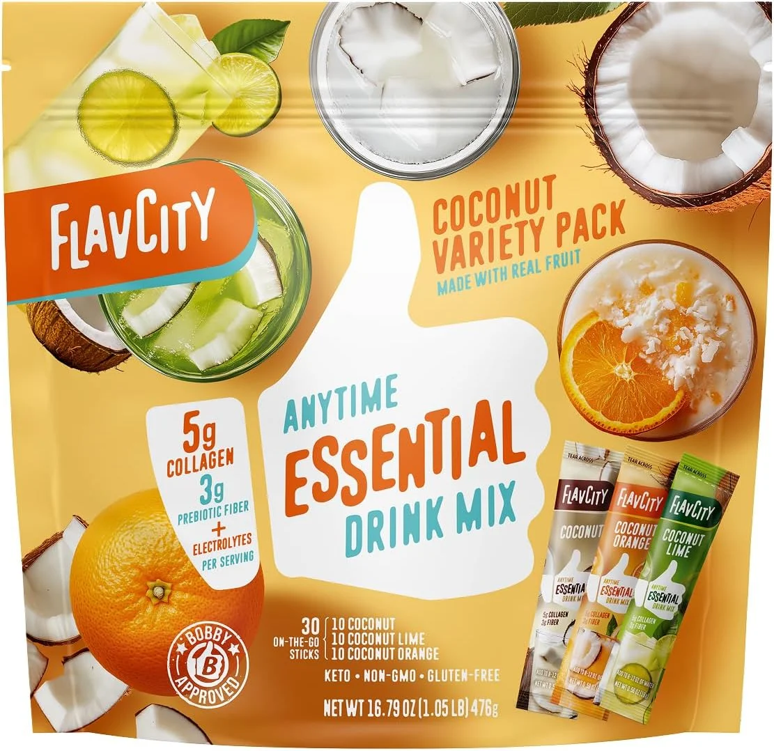 پک متنوع پودر نوشیدنی نارگیل FlavCity Anytime Essential - بسته های مخلوط نوشیدنی پودری با کلاژن و آب نارگیل - بسته های طعم دهنده آب در 3 طعم - کلاژن، فیبر و الکترولیت ها (30 بسته چوبی) پک متنوع پودر نوشیدنی نارگیل FlavCity Anytime Essential - بسته های مخلوط نوشیدنی پودری با کلاژن و آب نارگیل - بسته های طعم دهنده آب در 3 طعم - کلاژن، فیبر و الکترولیت ها (30 بسته چوبی)