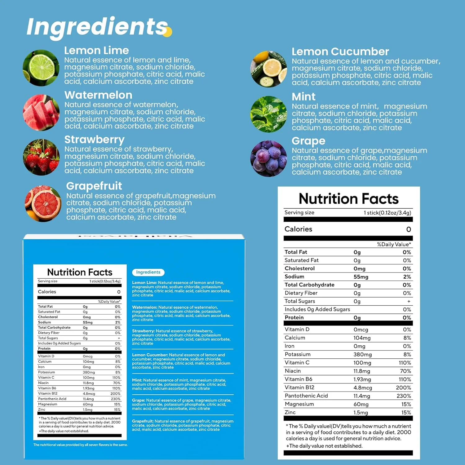 بسته ۲۴ عددی پودر الکترولیت با ۷ طعم مختلف، بدون شکر، مخلوط نوشیدنی روزانه، کم سدیم، لیمو ترش، هندوانه، توت فرنگی، انگور، گریپ فروت، خیار لیمو، نعناع