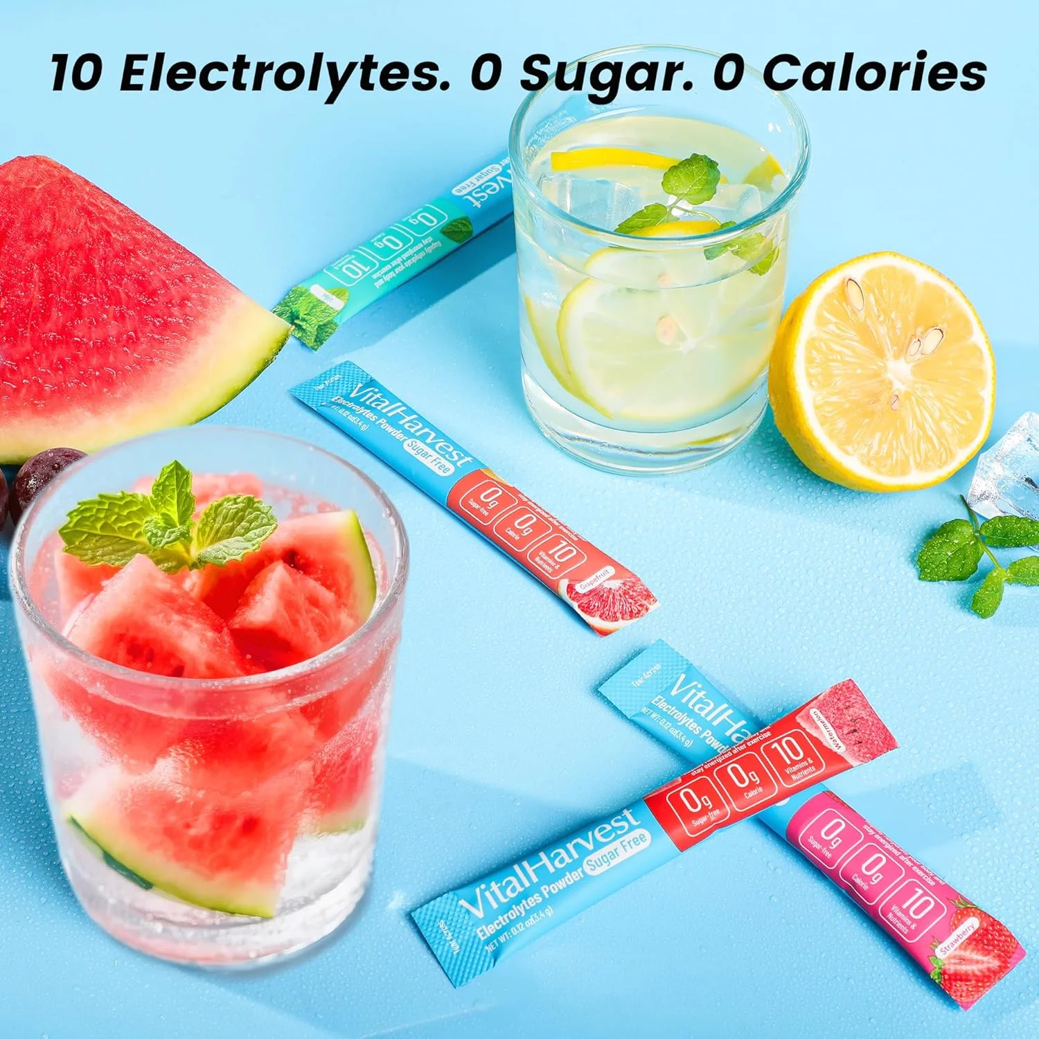 بسته ۲۴ عددی پودر الکترولیت با ۷ طعم مختلف، بدون شکر، مخلوط نوشیدنی روزانه، کم سدیم، لیمو ترش، هندوانه، توت فرنگی، انگور، گریپ فروت، خیار لیمو، نعناع