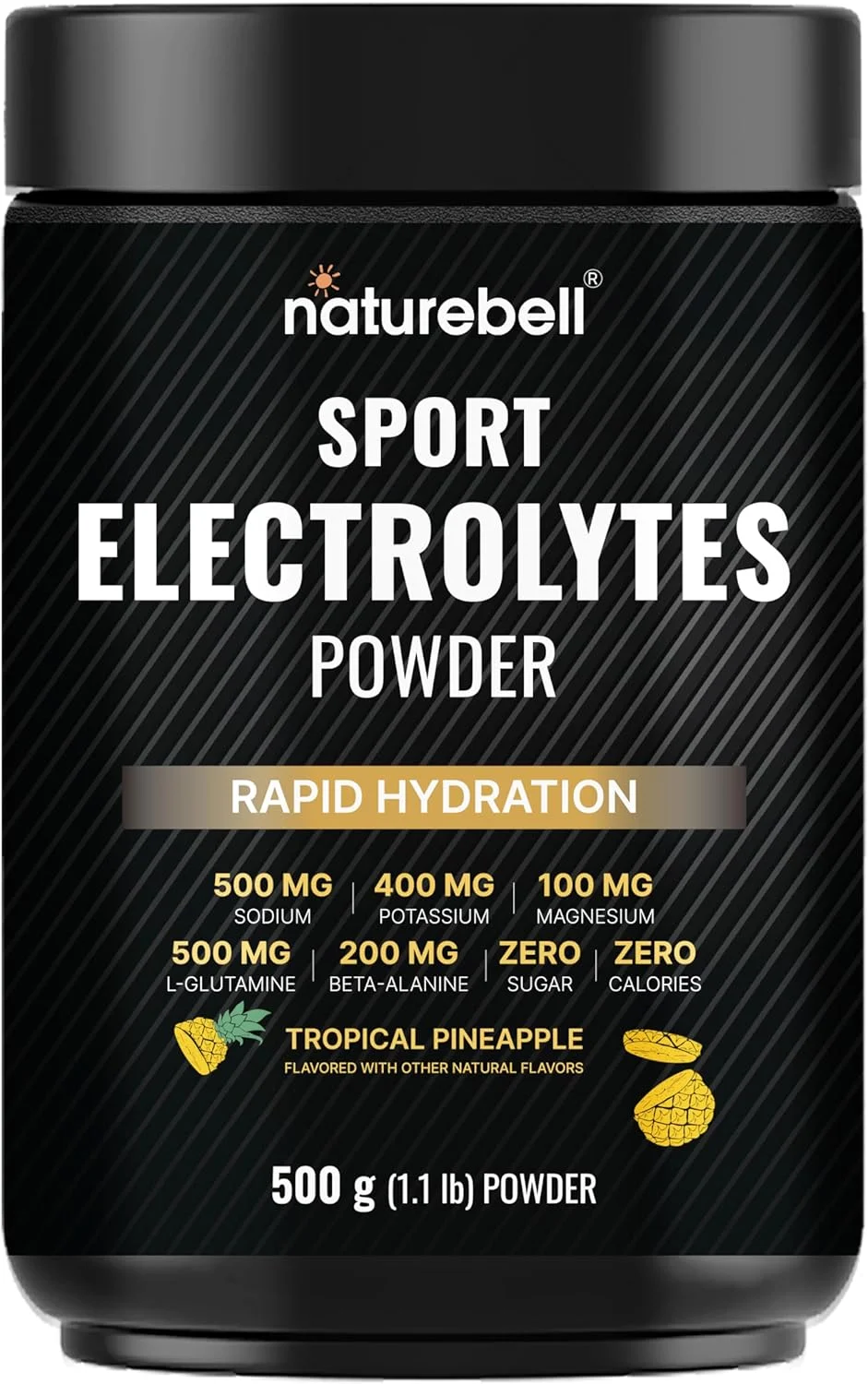 پودر الکترولیت ورزشی بدون شکر، 500 گرم (52 سروینگ) | مخلوط نوشیدنی آبرسان الکترولیتی با سدیم، پتاسیم، منیزیم، ال-گلوتامین، بتا آلانین و آب نارگیل – طعم آناناس استوایی