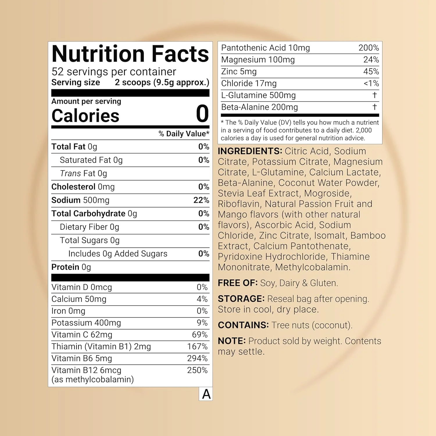 پودر الکترولیت ورزشی بدون شکر، 500 گرم (52 سروینگ) | نوشیدنی مخلوط آبرسان الکترولیتی با سدیم، پتاسیم، منیزیم، ال-گلوتامین، بتا آلانین و آب نارگیل – طعم پشن فروت و انبه پودر الکترولیت ورزشی بدون شکر، 500 گرم (52 سروینگ) | نوشیدنی مخلوط آبرسان الکترولیتی با سدیم، پتاسیم، منیزیم، ال-گلوتامین، بتا آلانین و آب نارگیل – طعم پشن فروت و انبه