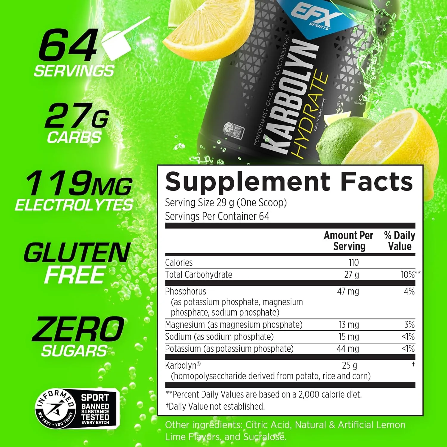 EFX Sports Karbolyn Hydrate | پودر کربوهیدرات + الکترولیت ها | مخلوط نوشیدنی ورزشی بدون شکر | سوخت و آبرسانی | بدون محرک | 66 سروینگ (لیمو ترش) EFX Sports Karbolyn Hydrate | پودر کربوهیدرات + الکترولیت ها | مخلوط نوشیدنی ورزشی بدون شکر | سوخت و آبرسانی | بدون محرک | 66 سروینگ (لیمو ترش)