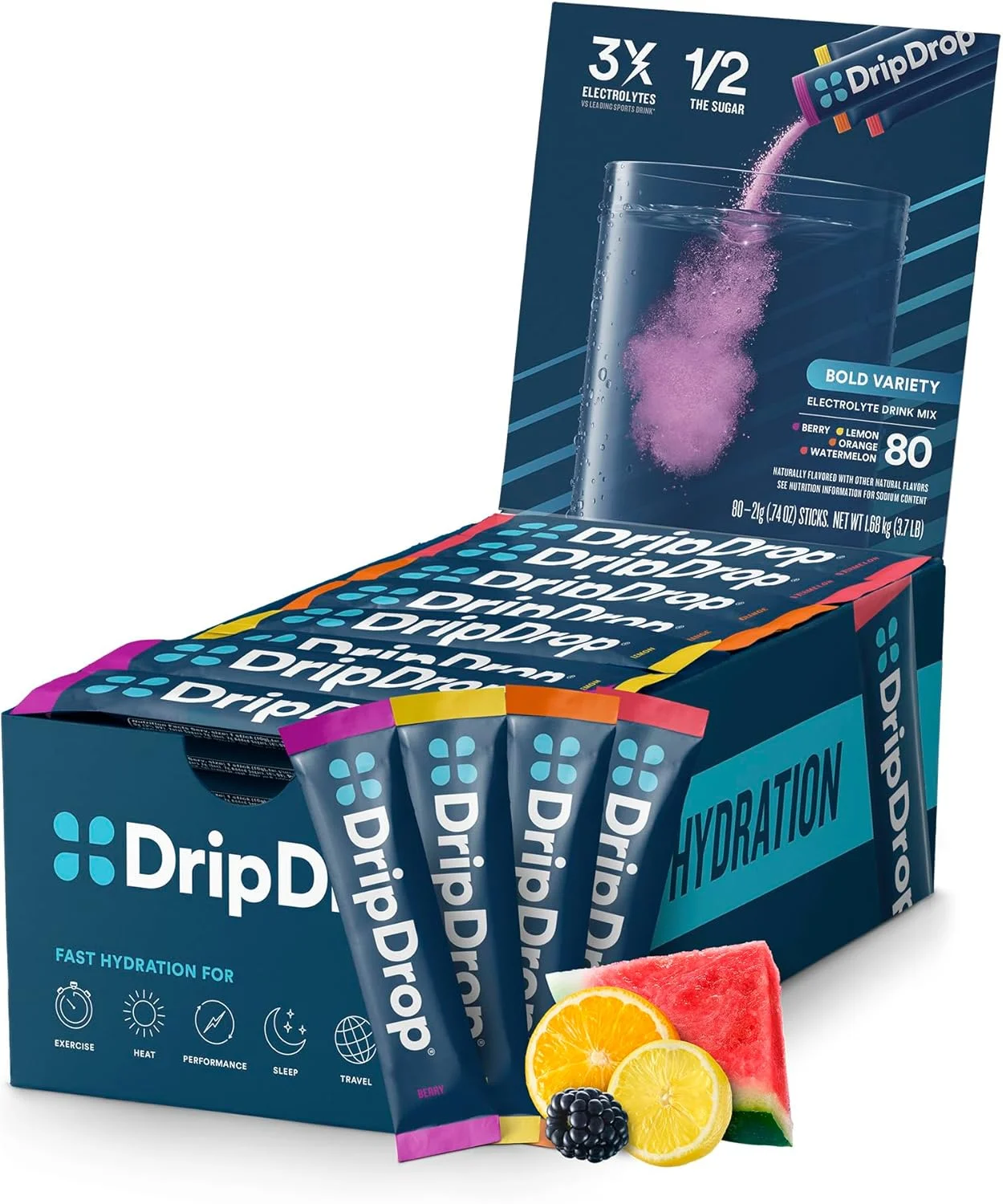 پودر مخلوط نوشیدنی الکترولیت DripDrop - بسته متنوع - تک نفره - طعم هندوانه، توت، لیمو، پرتقال - غیر GMO، بدون گلوتن، وگان - 80 عدد پودر مخلوط نوشیدنی الکترولیت DripDrop - بسته متنوع - تک نفره - طعم هندوانه، توت، لیمو، پرتقال - غیر GMO، بدون گلوتن، وگان - 80 عدد