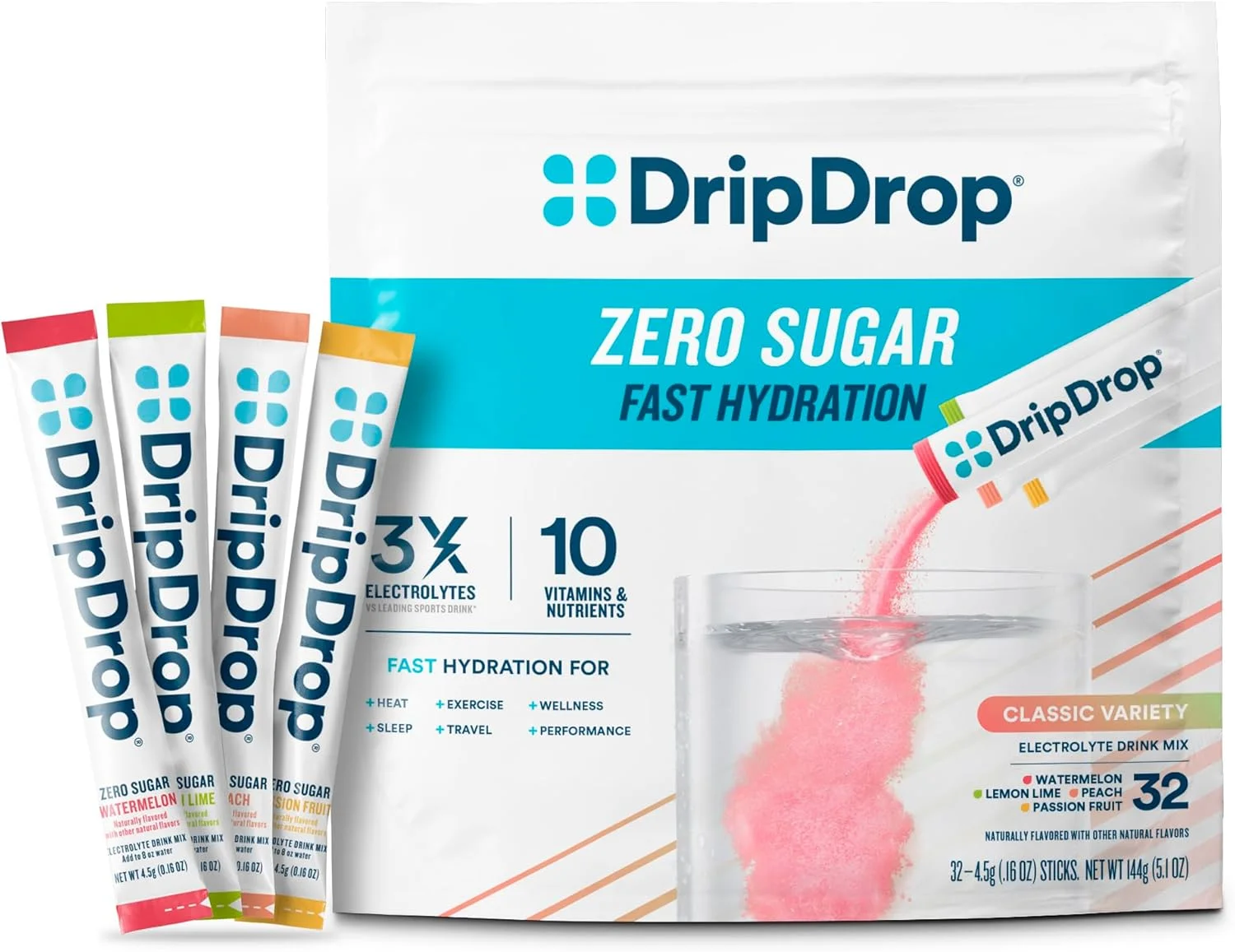 بسته های آبرسان بدون قند DripDrop - بسته متنوع کلاسیک زیرو - مخلوط نوشیدنی پودری الکترولیت تک نفره - لیمو ترش، هندوانه، هلو، میوه گل ساعتی - غیر GMO، بدون گلوتن، وگان - 32 عدد بسته های آبرسان بدون قند DripDrop - بسته متنوع کلاسیک زیرو - مخلوط نوشیدنی پودری الکترولیت تک نفره - لیمو ترش، هندوانه، هلو، میوه گل ساعتی - غیر GMO، بدون گلوتن، وگان - 32 عدد