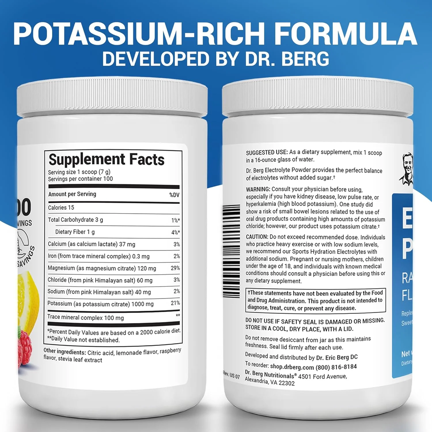 پودر الکترولیت بدون شکر دکتر برگ - تقویت شده با 1000 میلی گرم پتاسیم و نمک صورتی هیمالیا (نه نمک خوراکی) - مکمل نوشیدنی آبرسان با طعم تمشک و لیمو، 100 سروینگ پودر الکترولیت بدون شکر دکتر برگ - تقویت شده با 1000 میلی گرم پتاسیم و نمک صورتی هیمالیا (نه نمک خوراکی) - مکمل نوشیدنی آبرسان با طعم تمشک و لیمو، 100 سروینگ