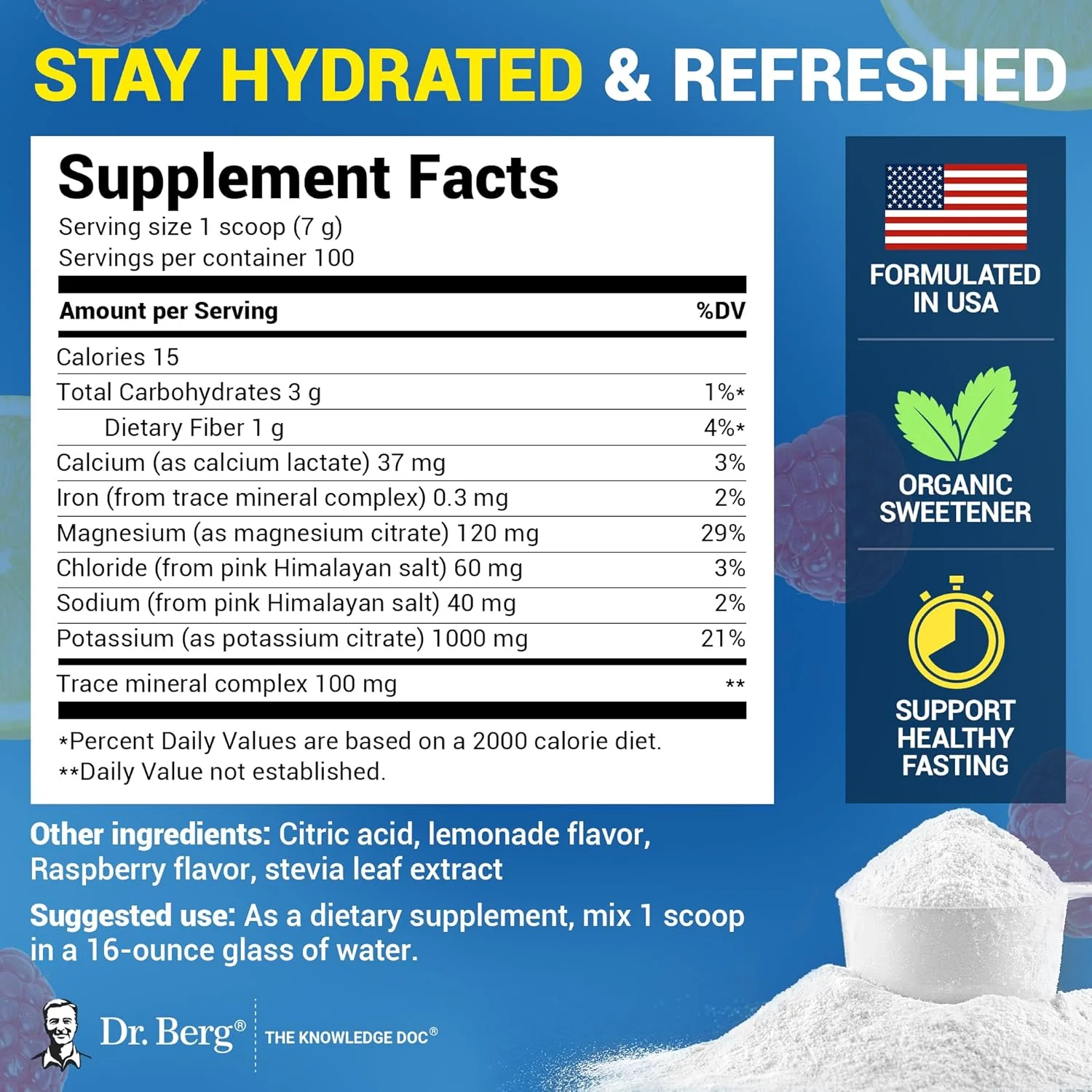 پودر الکترولیت بدون شکر دکتر برگ - تقویت شده با 1000 میلی گرم پتاسیم و نمک صورتی هیمالیا (نه نمک خوراکی) - مکمل نوشیدنی آبرسان با طعم تمشک و لیمو، 100 سروینگ پودر الکترولیت بدون شکر دکتر برگ - تقویت شده با 1000 میلی گرم پتاسیم و نمک صورتی هیمالیا (نه نمک خوراکی) - مکمل نوشیدنی آبرسان با طعم تمشک و لیمو، 100 سروینگ