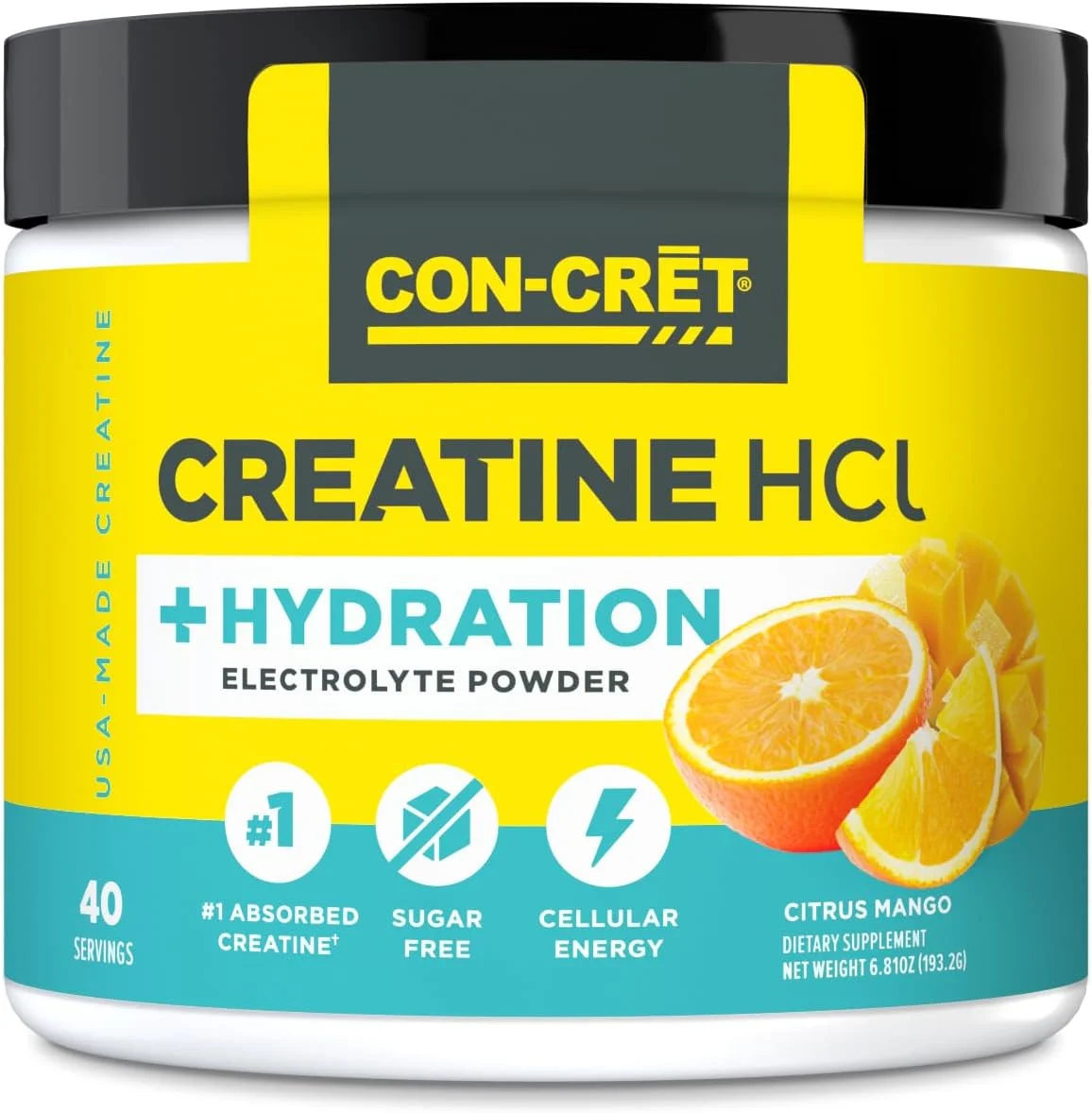 پودر الکترولیت و آبرسانی CON-CRET Creatine HCl | طعم انبه مرکبات | بدون شکر | فرمول آبرسانی مجدد با پتاسیم، سدیم، روی و منیزیم برای آبرسانی و ریکاوری (40 سروینگ)