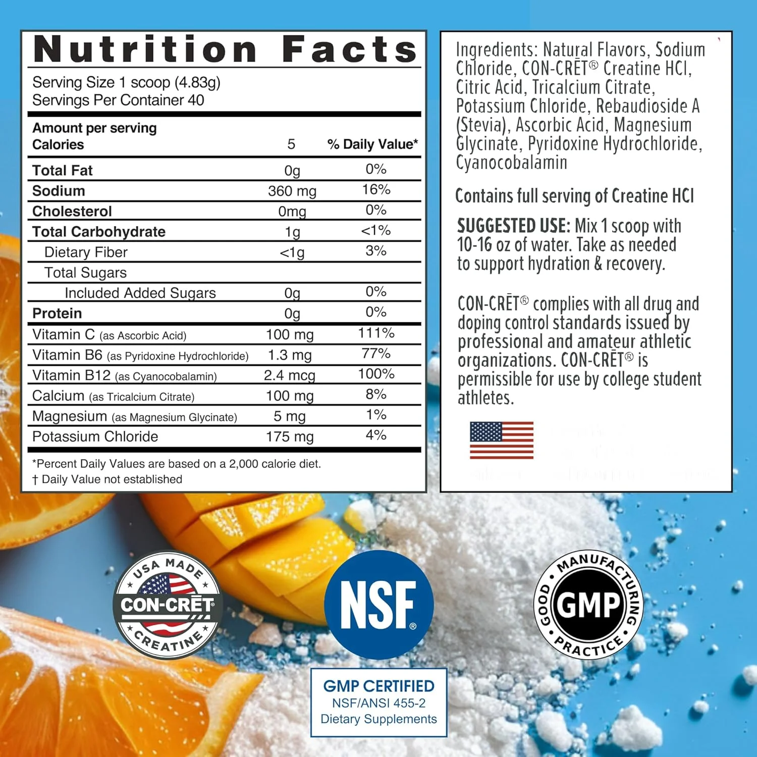 پودر الکترولیت و آبرسانی CON-CRET Creatine HCl | طعم انبه مرکبات | بدون شکر | فرمول آبرسانی مجدد با پتاسیم، سدیم، روی و منیزیم برای آبرسانی و ریکاوری (40 سروینگ) پودر الکترولیت و آبرسانی CON-CRET Creatine HCl | طعم انبه مرکبات | بدون شکر | فرمول آبرسانی مجدد با پتاسیم، سدیم، روی و منیزیم برای آبرسانی و ریکاوری (40 سروینگ)