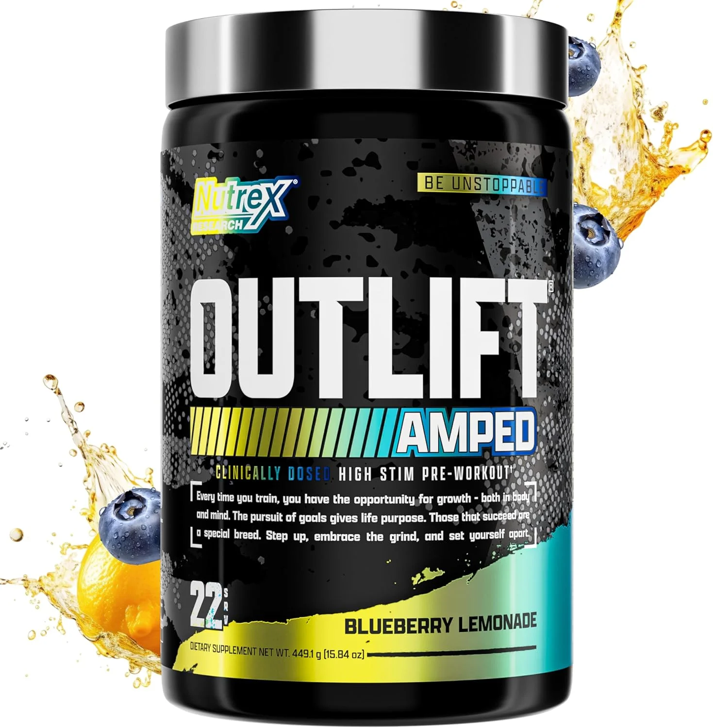 پودر مکمل ورزشی قبل از تمرین OUTLIFT Amped Max Dosed HIGH STIM، ۶ گرم سیترولین، ۳.۲ گرم بتا آلانین، آلفا GPC، CognatiQ، انرژی فوق العاده، پمپ عضلانی قوی، الکترولیت ها، نوتروپیک ها با طعم بلوبری لیموناد - ۲۲ سروینگ