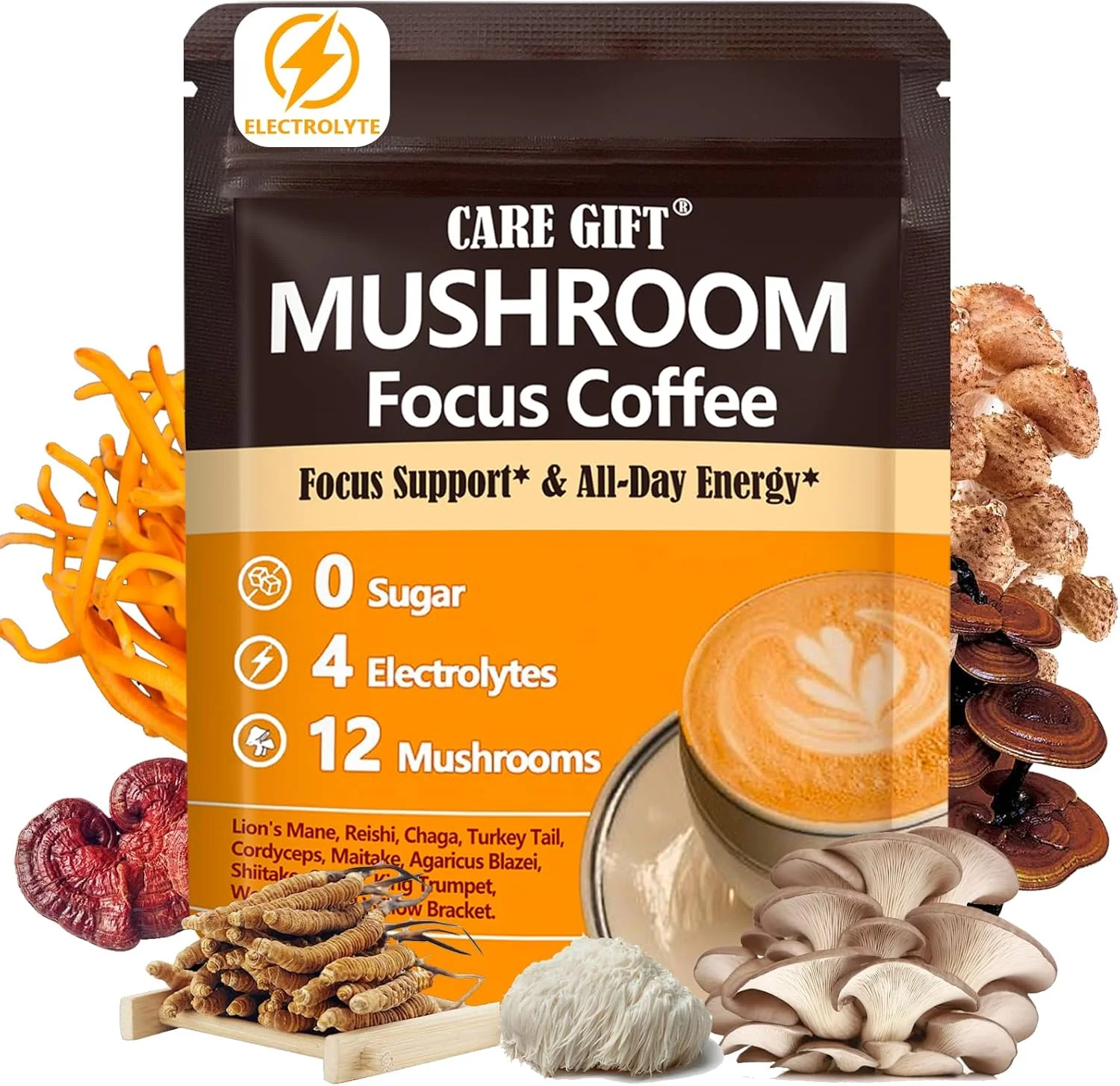 قهوه قارچ با مکمل قارچ 16 در 1 (یال شیر، دم بوقلمون، شیتاکه) و الکترولیت، پودر قهوه فوری برای انرژی، تمرکز، هضم و ایمنی