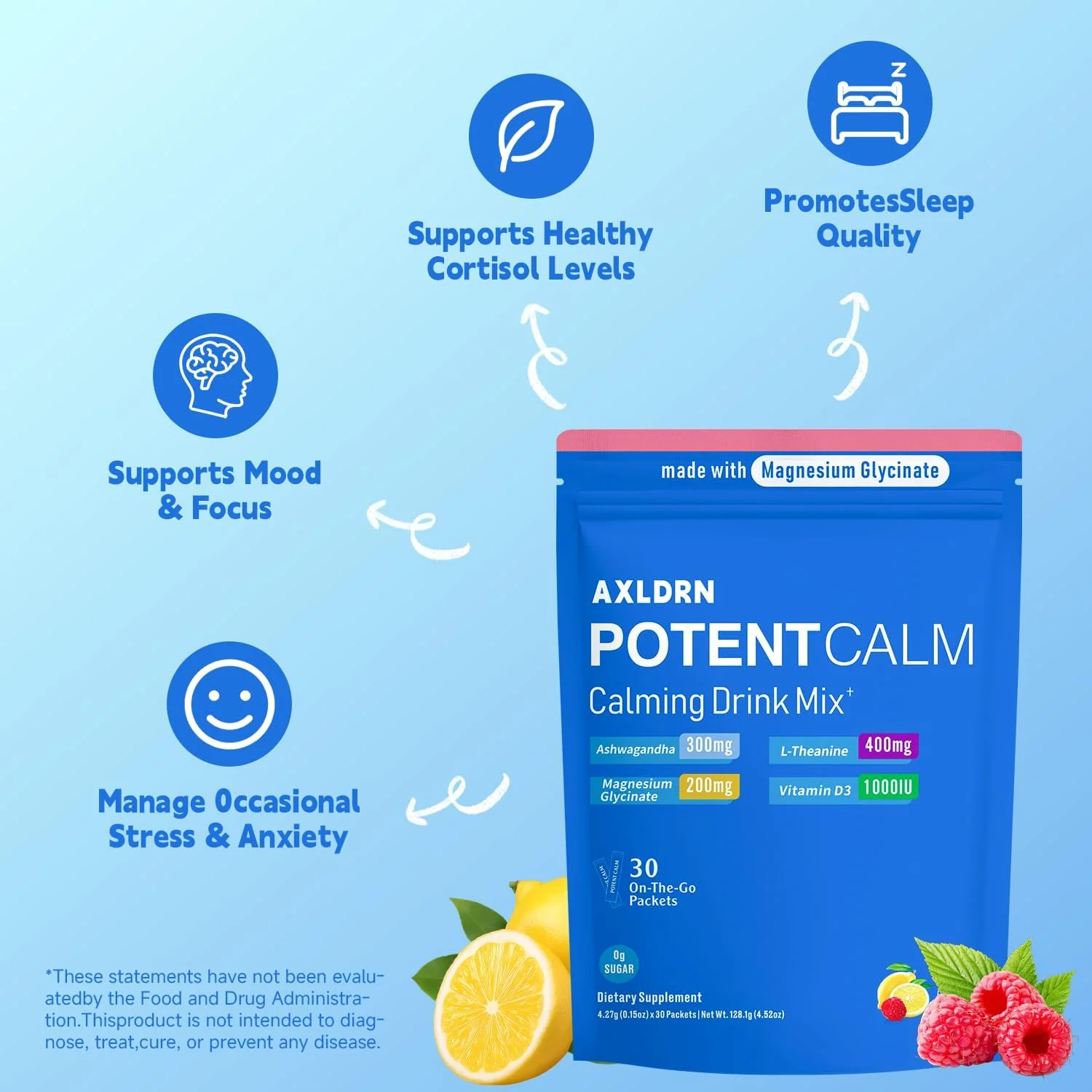 نوشیدنی سوپر کورتیزول PotentCalm، پودر گلیسینات منیزیم، ال-تیانین، آشواگاندا، ویتامین D، بدون شکر، الکترولیت های تمشک لیموناد - 30 سروینگ