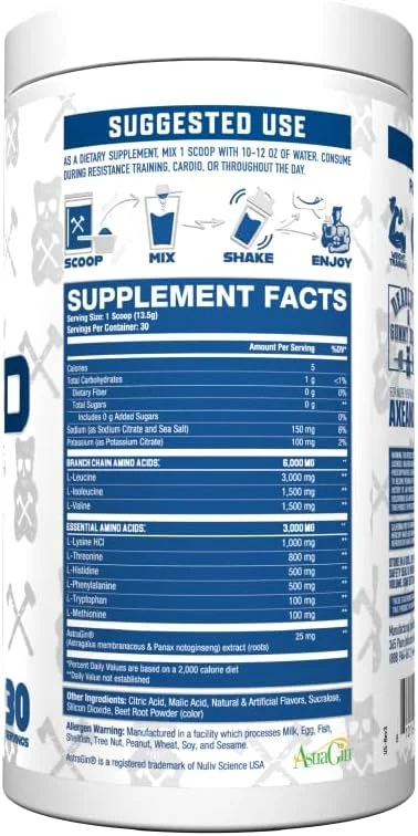 اسیدهای آمینه ضروری Axe & Sledge The Grind | پودر EAA و BCAA | ریکاوری عضلات و الکترولیت ها برای آبرسانی | بدون محرک، وگان | 30 سروینگ، Deadlifts & Gummy Bears