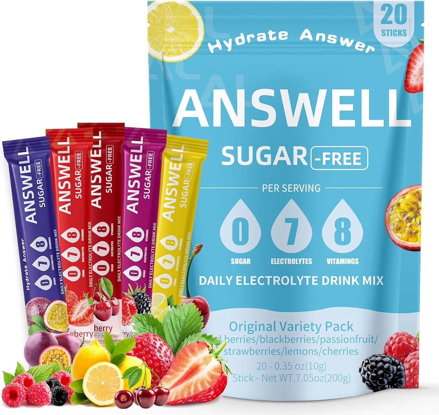 پودر الکترولیت بدون شکر - مخلوط نوشیدنی روزانه برای هیدراتاسیون سریع و ریکاوری | 7 الکترولیت و 8 ویتامین | غیر GMO | بدون افزودنی رنگ | وگان | بسته 20 عددی