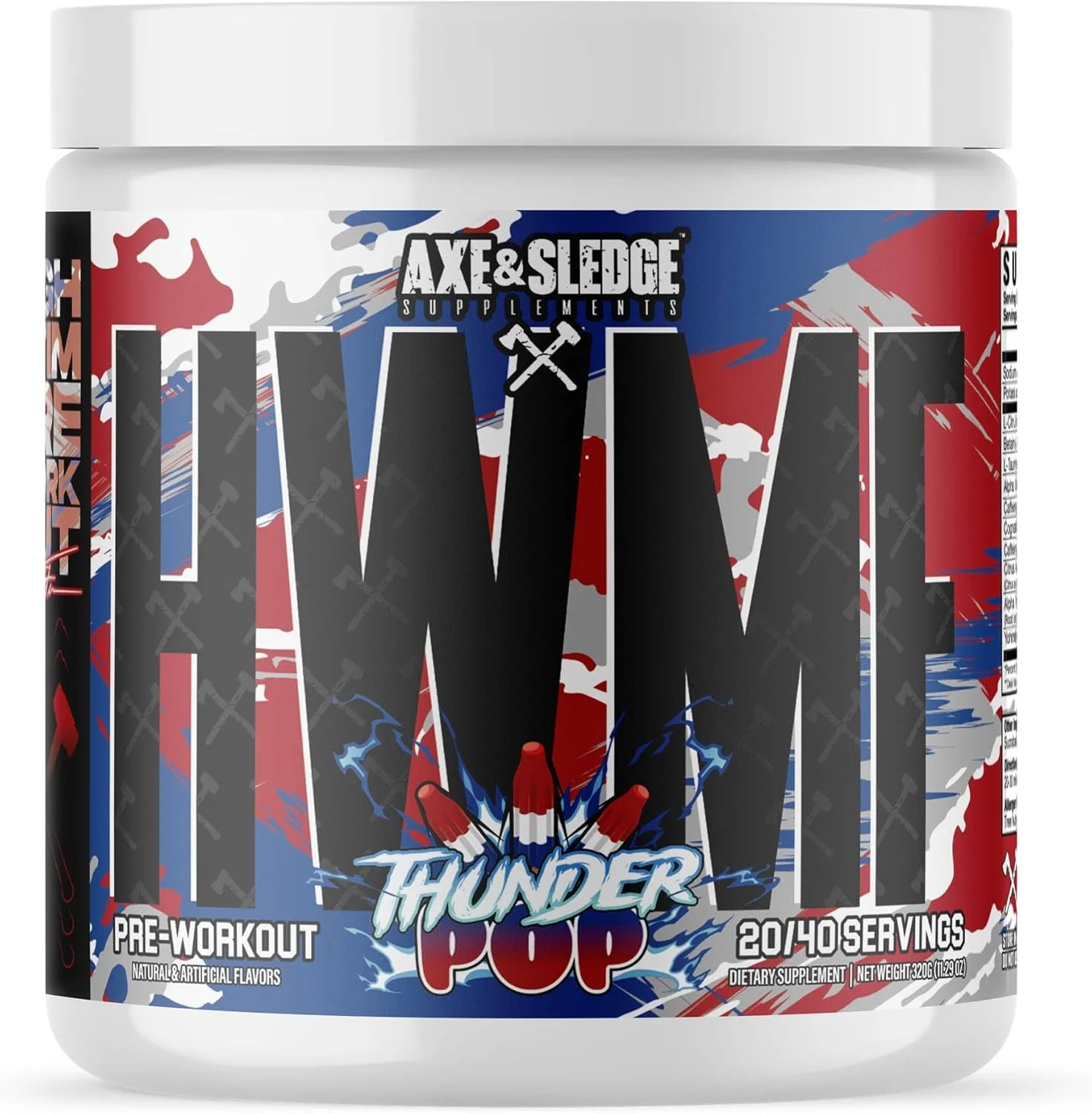 پودر مکمل قبل از تمرین Axe & Sledge HWMF با محرک بالا | 400 میلی گرم کافئین | مکمل قبل از تمرین برای آقایان و بانوان حاوی سیترولین، بتا آلانین و آلفا GPC - انرژی، پمپ و تمرکز | محرک بالا 20/40 سروینگ، Thunder Pop