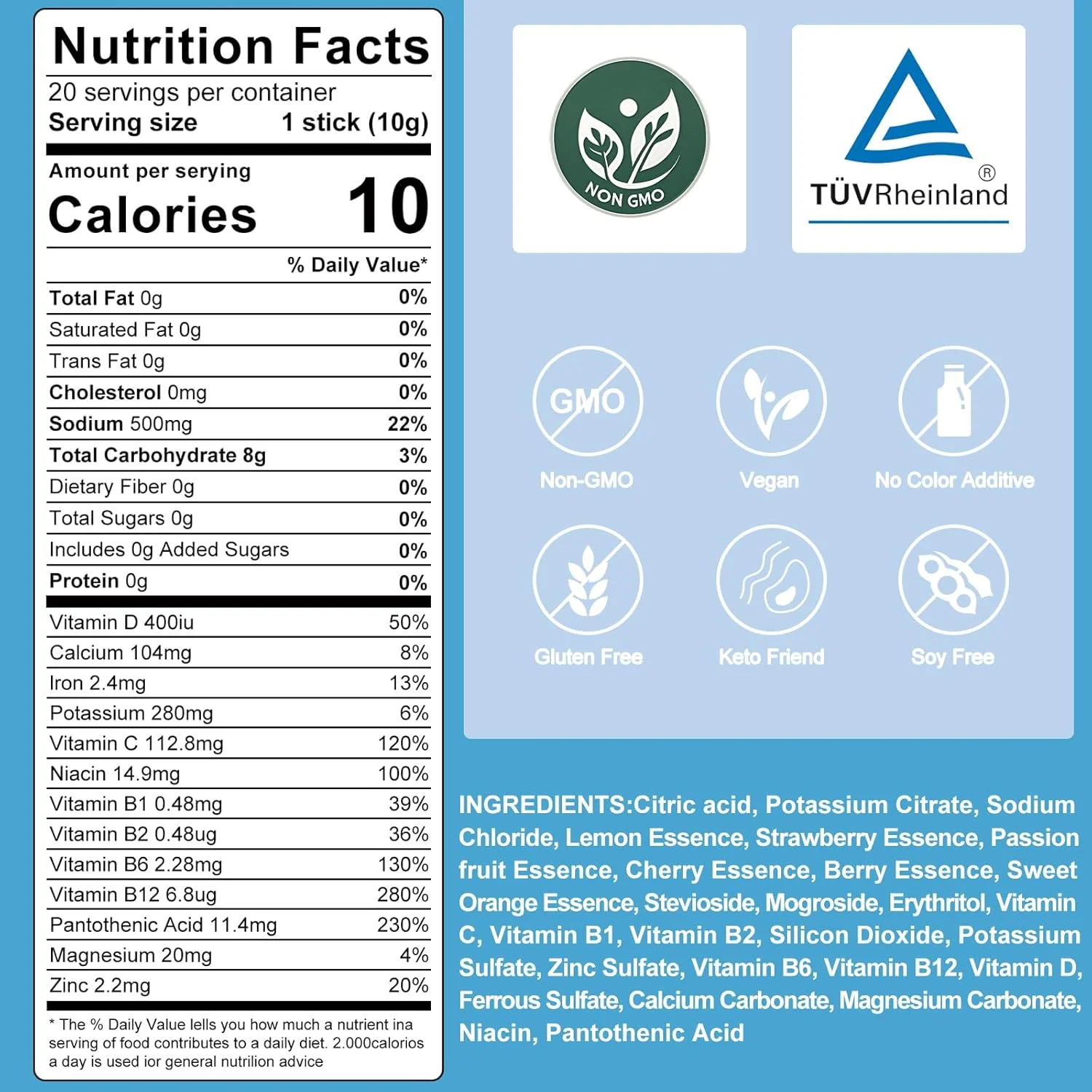 پودر الکترولیت بدون شکر - مخلوط نوشیدنی روزانه برای هیدراتاسیون سریع و ریکاوری | 7 الکترولیت و 8 ویتامین | غیر GMO | بدون افزودنی رنگ | وگان | بسته 20 عددی