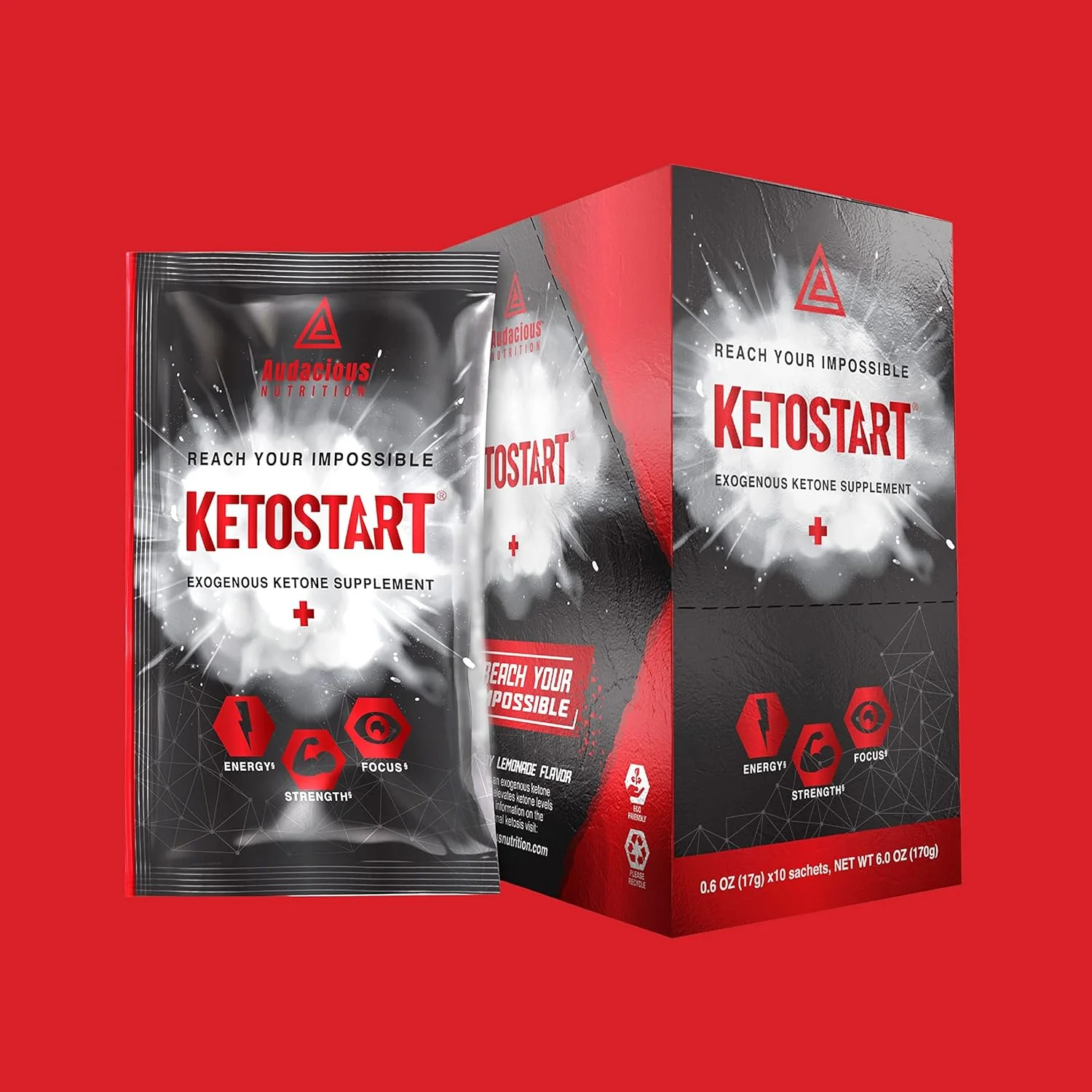 پودر کتون های خارجی KetoStart+ با الکترولیت ها برای انرژی، قدرت و تمرکز | با کافئین | پودر الکترولیت با طعم تمشک و لیموناد (10 بسته میکس نوشیدنی کتون)