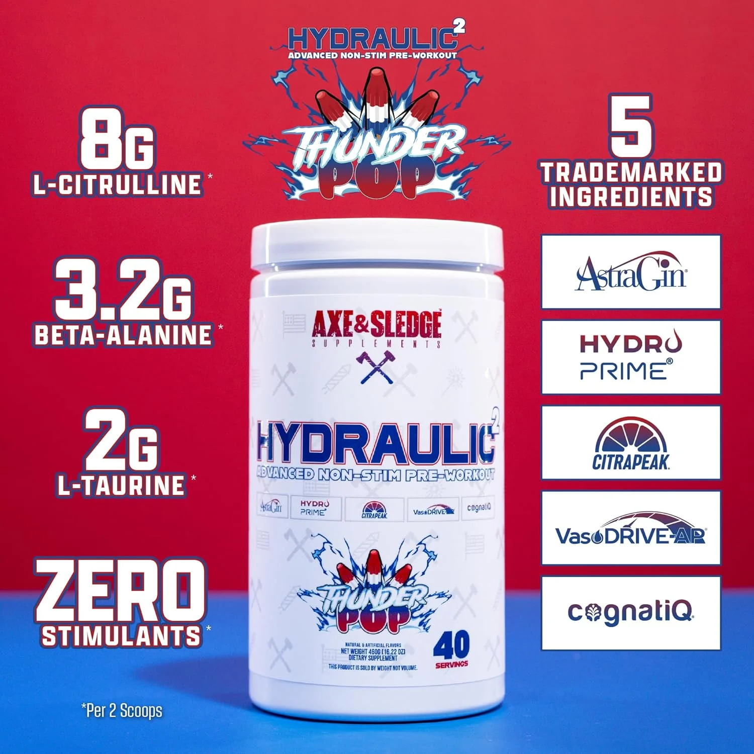 پودر مکمل قبل از تمرین Axe & Sledge HWMF با محرک بالا | 400 میلی گرم کافئین | مکمل قبل از تمرین برای آقایان و بانوان حاوی سیترولین، بتا آلانین و آلفا GPC - انرژی، پمپ و تمرکز | محرک بالا 20/40 سروینگ، Thunder Pop