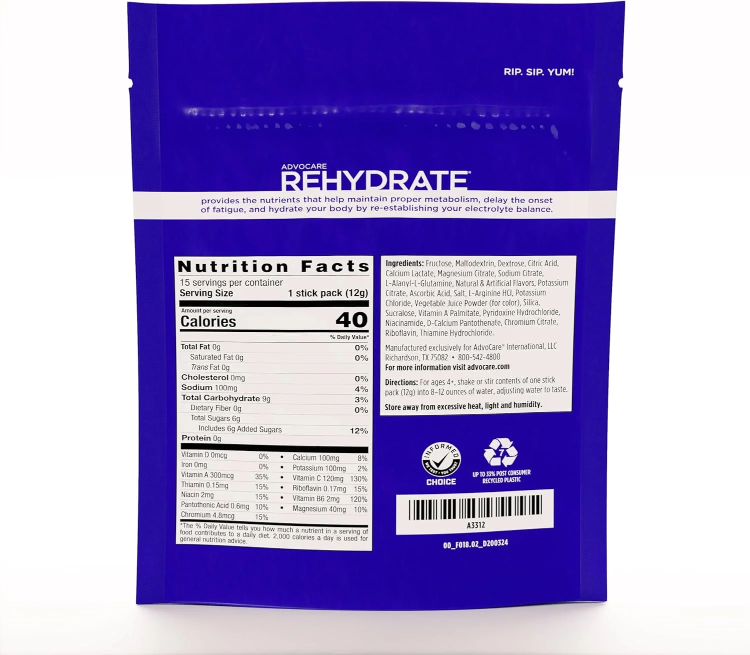 مخلوط نوشیدنی الکترولیت AdvoCare Rehydrate - شامل منیزیم، سدیم، پتاسیم و کلسیم - غنی شده با آنتی اکسیدان و آمینو اسید - آبرسانی و ریکاوری - پانچ میوه، 15 بسته چوبی (178 گرم) مخلوط نوشیدنی الکترولیت AdvoCare Rehydrate - شامل منیزیم، سدیم، پتاسیم و کلسیم - غنی شده با آنتی اکسیدان و آمینو اسید - آبرسانی و ریکاوری - پانچ میوه، 15 بسته چوبی (178 گرم)