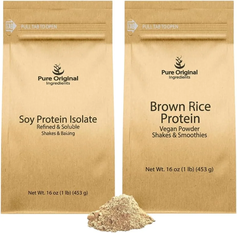 پودر پروتئین برنج قهوه ای و پروتئین سویا ایزوله PURE ORIGINAL INGREDIENTS، هر کدام 450 گرم، وگان، بدون مواد افزودنی پودر پروتئین برنج قهوه ای و پروتئین سویا ایزوله PURE ORIGINAL INGREDIENTS، هر کدام 450 گرم، وگان، بدون مواد افزودنی