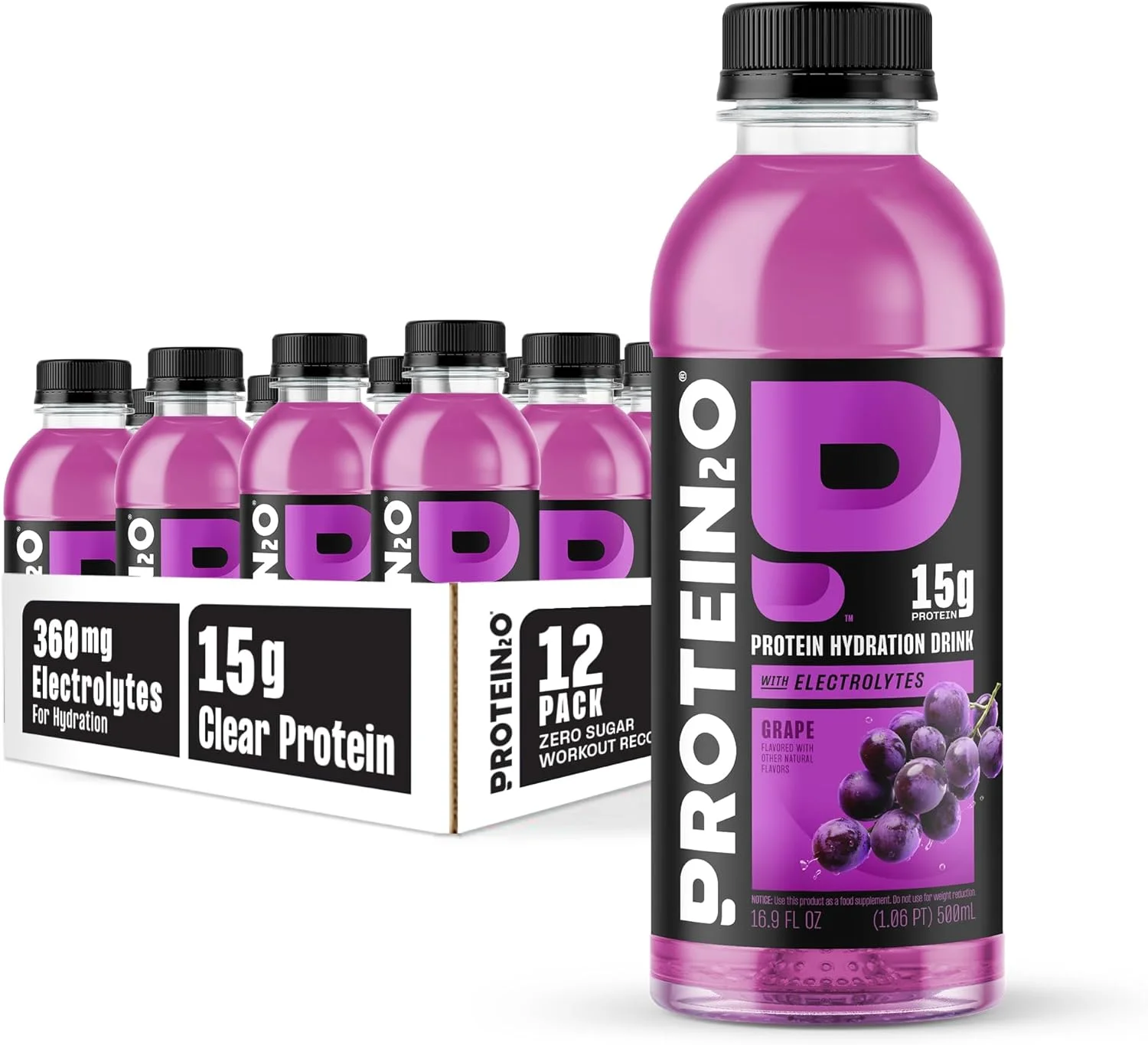 نوشیدنی آبرسان پروتئین 2o - نوشیدنی پروتئین وی ایزوله مایع شفاف 2 در 1 و الکترولیت - 15 گرم پروتئین، ویتامین های B5، B6 - ریکاوری بعد از تمرین - 500 میلی لیتر - 12 عدد انگور