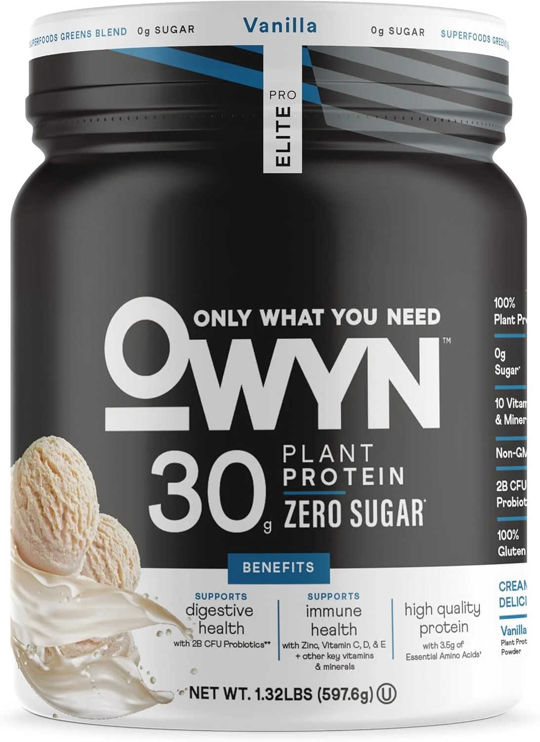 پودر پروتئین با پروتئین بالا OWYN Only What You Need Pro Elite، 30 گرم پروتئین وگان برای ریکاوری تمرین، طعم صاف و خوشمزه، بدون شکر، کربوهیدرات خالص کم، وانیلی، 12 وعده (1.32 پوند)