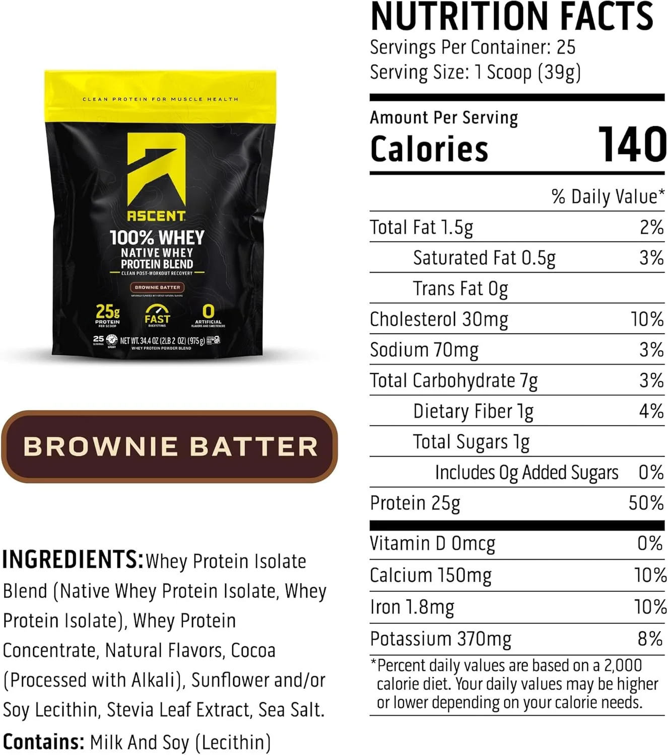 پودر پروتئین وی 100% Ascent - ایزوله پروتئین وی برای بعد از تمرین، بدون طعم دهنده ها و شیرین کننده های مصنوعی، بدون گلوتن، 5.5 گرم BCAA، 2.6 گرم لوسین، آمینو اسیدهای ضروری، طعم خمیر براونی 770 گرم پودر پروتئین وی 100% Ascent - ایزوله پروتئین وی برای بعد از تمرین، بدون طعم دهنده ها و شیرین کننده های مصنوعی، بدون گلوتن، 5.5 گرم BCAA، 2.6 گرم لوسین، آمینو اسیدهای ضروری، طعم خمیر براونی 770 گرم