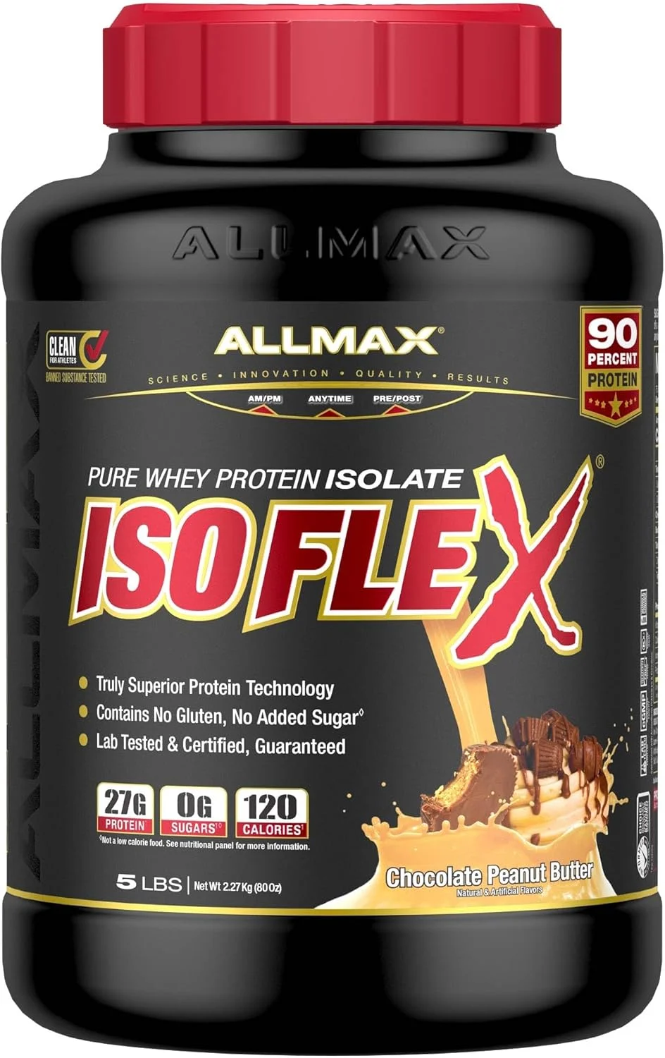 پروتئین وی ایزوله ایزوفلکس AllMax Nutrition - ۲۷ گرم پروتئین در هر پیمانه - ۹۹% بدون لاکتوز - بدون گلوتن و سویا - کره بادام زمینی شکلاتی - ۲.۲۷ کیلوگرم