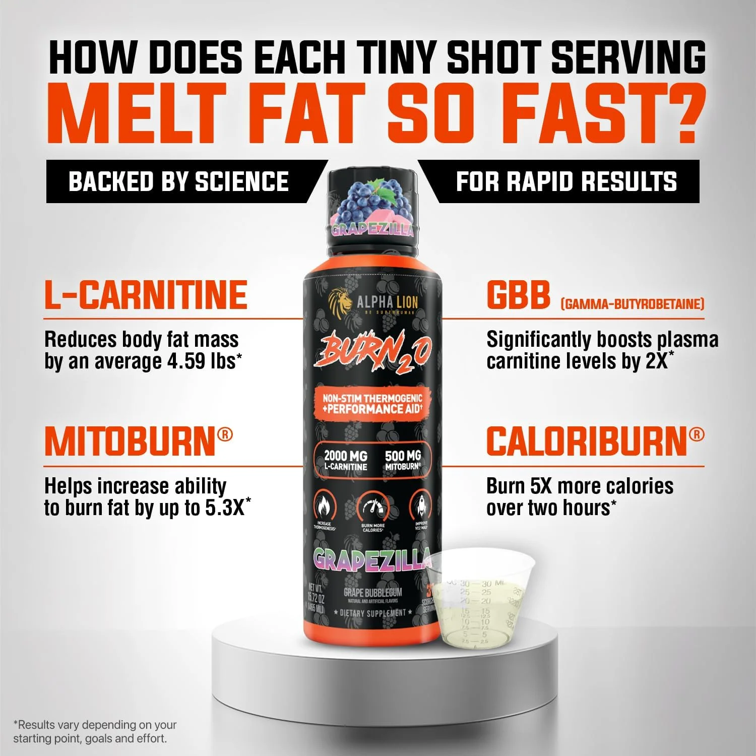 الفا لیان Burn2O ال-کارنیتین مایع 2000 میلی گرم – چربی سوز ترموژنیک فوق العاده بدون محرک با MitoBurn® و CaloriBurn GP®، تقویت کننده متابولیسم، بدون کالری، بدون شکر (31 سروینگ، طعم Grapezilla)