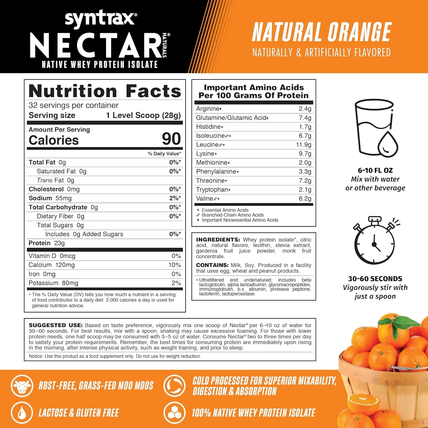 Syntrax Nectar Naturals، پروتئین وی ایزوله کاملا طبیعی، نرم و آبدار، پرتقال طبیعی، 2 پوند
